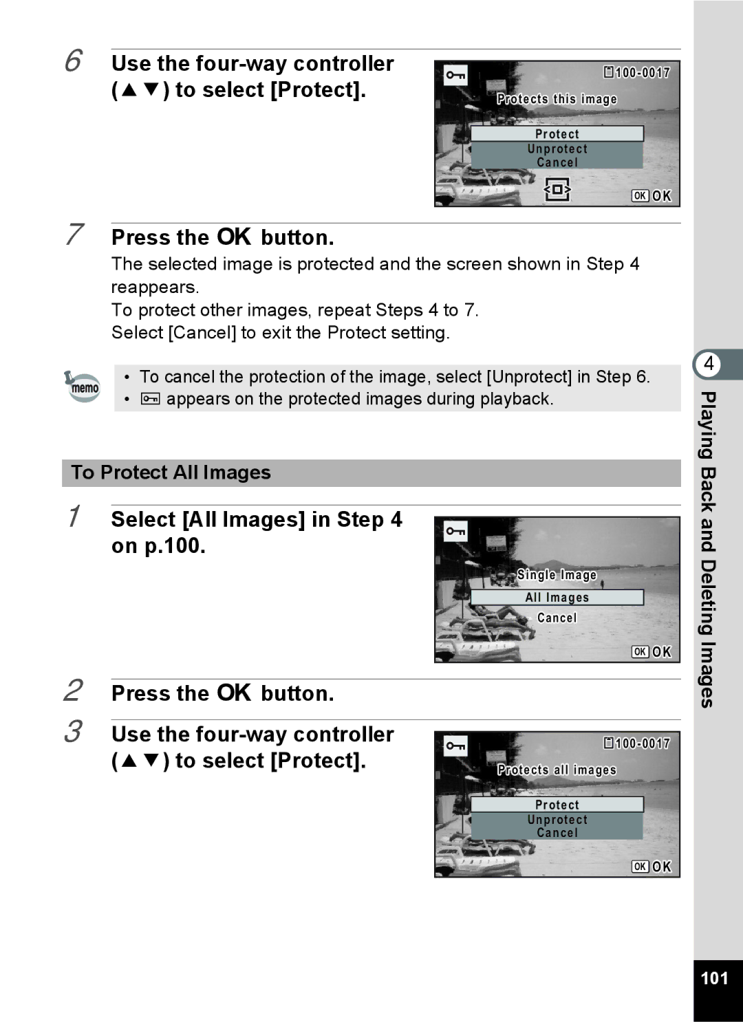 Pentax 14071 Use the four-way controller 23 to select Protect, Select All Images in on p.100, To Protect All Images 