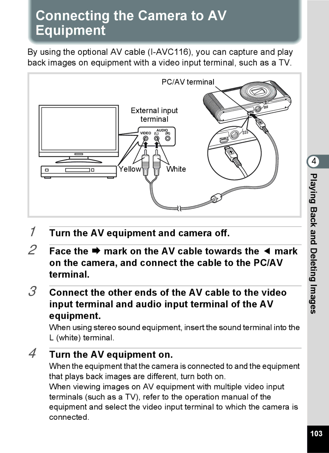 Pentax 14071 specifications Connecting the Camera to AV Equipment, Turn the AV equipment on 