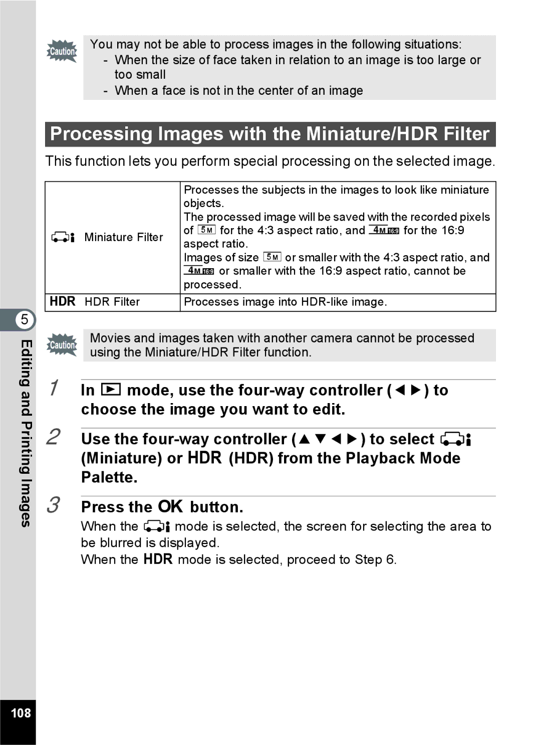 Pentax 14071 specifications Processing Images with the Miniature/HDR Filter 