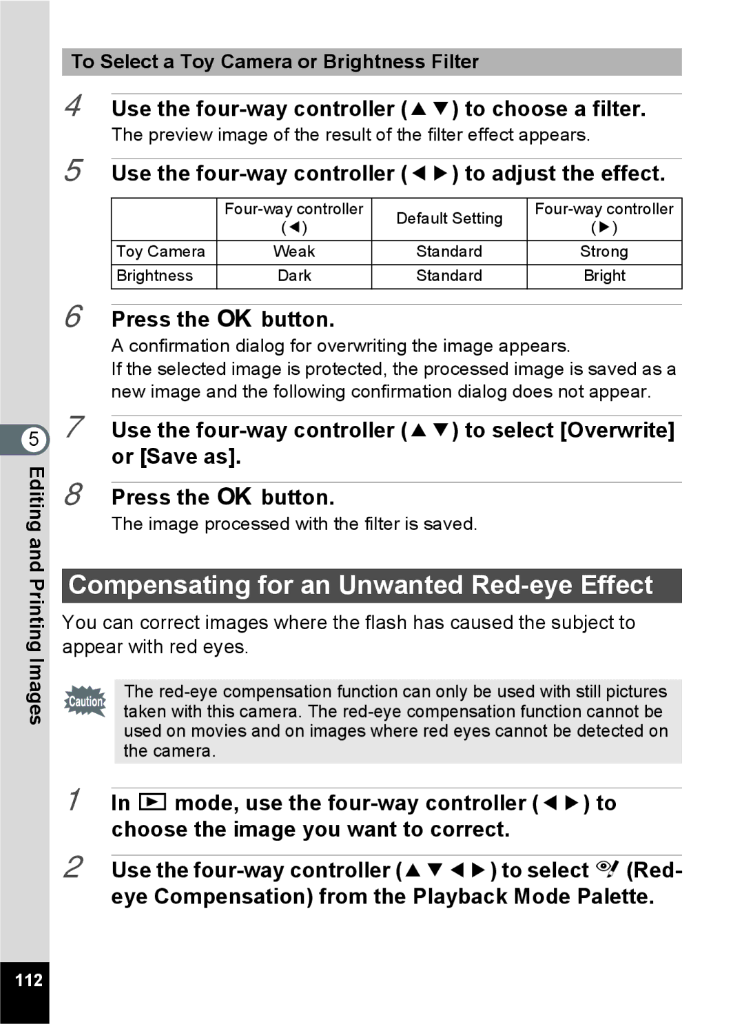 Pentax 14071 Compensating for an Unwanted Red-eye Effect, Use the four-way controller 45 to adjust the effect 