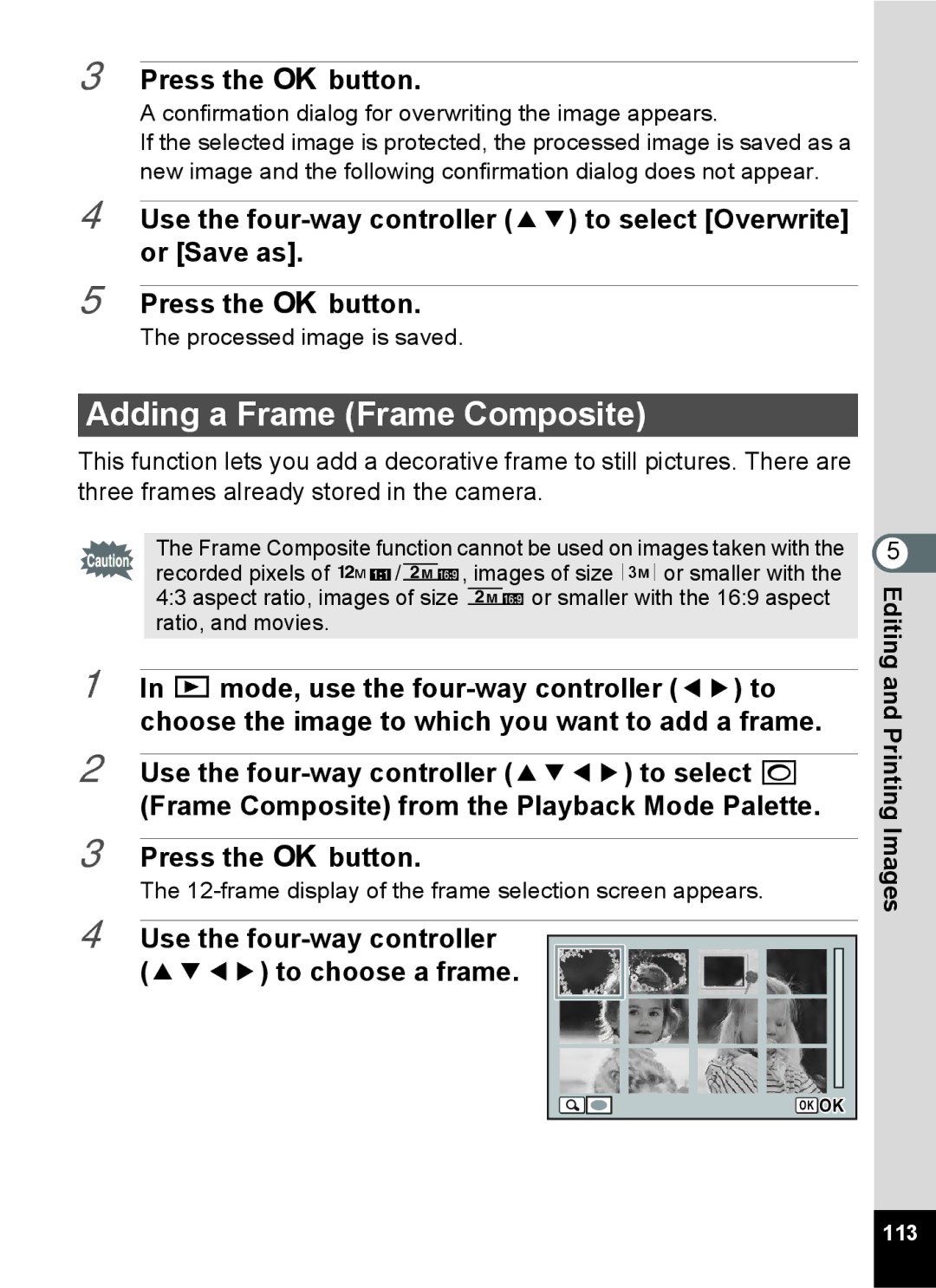 Pentax 14071 specifications Adding a Frame Frame Composite, Use the four-way controller 2345 to choose a frame 