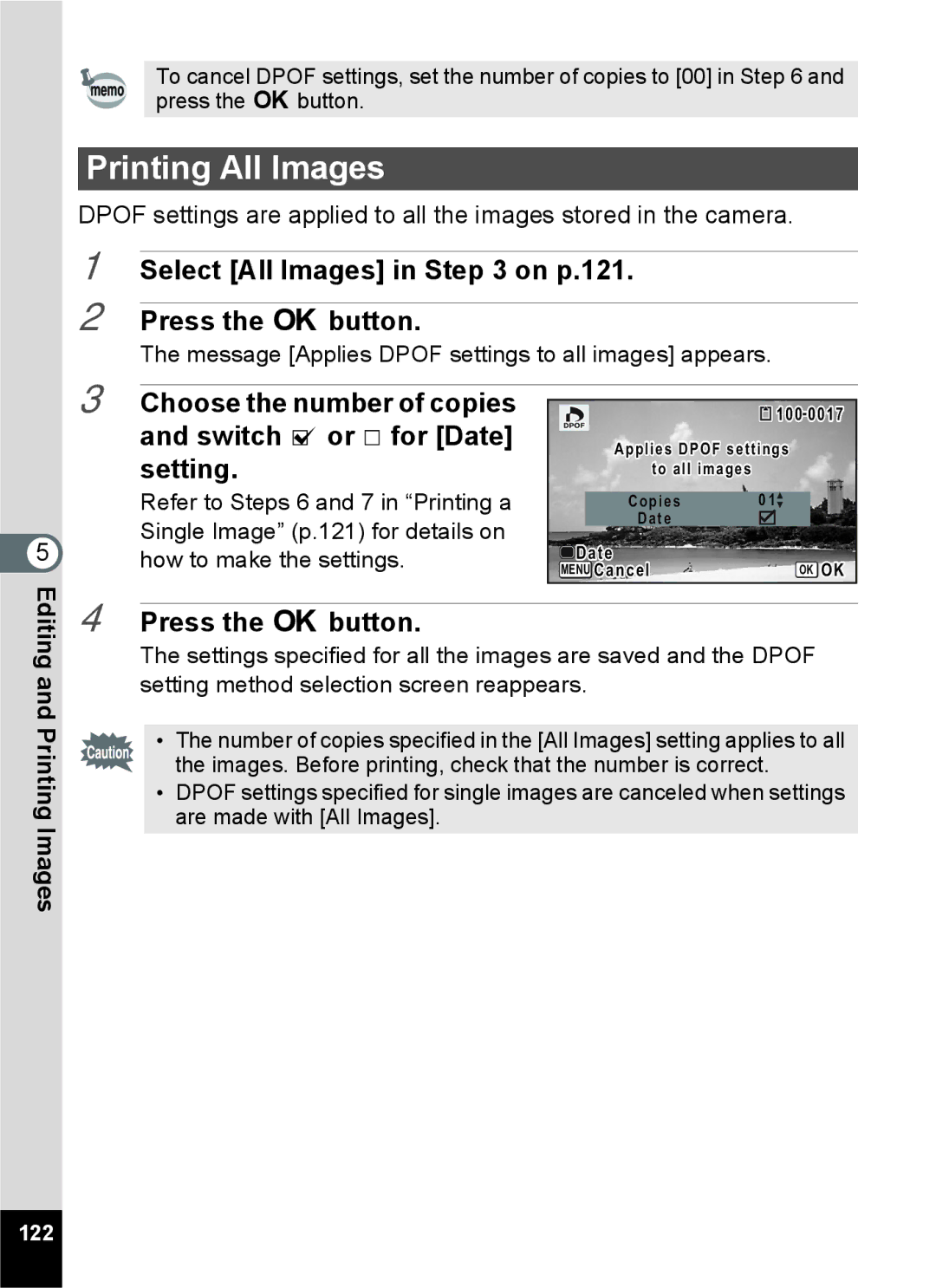 Pentax 14071 specifications Printing All Images, Select All Images in on p.121 Press the 4 button 