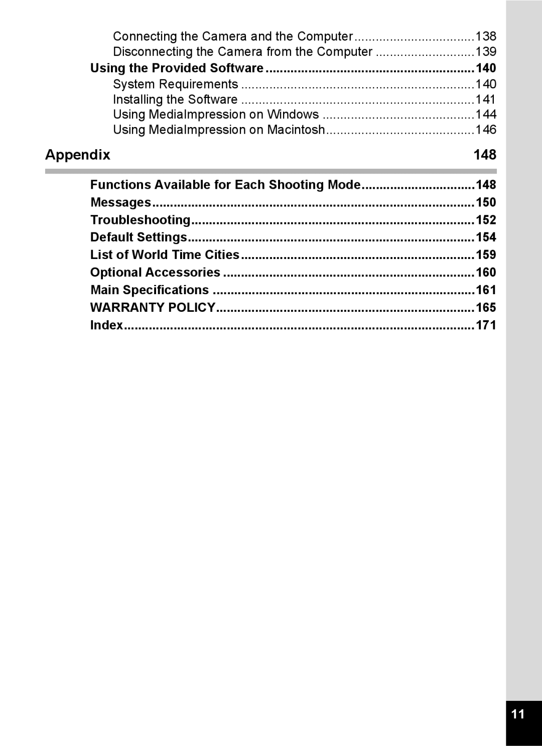 Pentax 14071 specifications Appendix, 148, 165, Index 171 