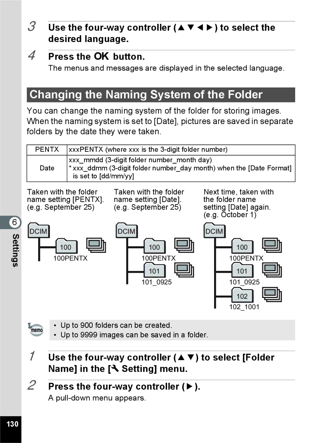 Pentax 14071 specifications Changing the Naming System of the Folder 