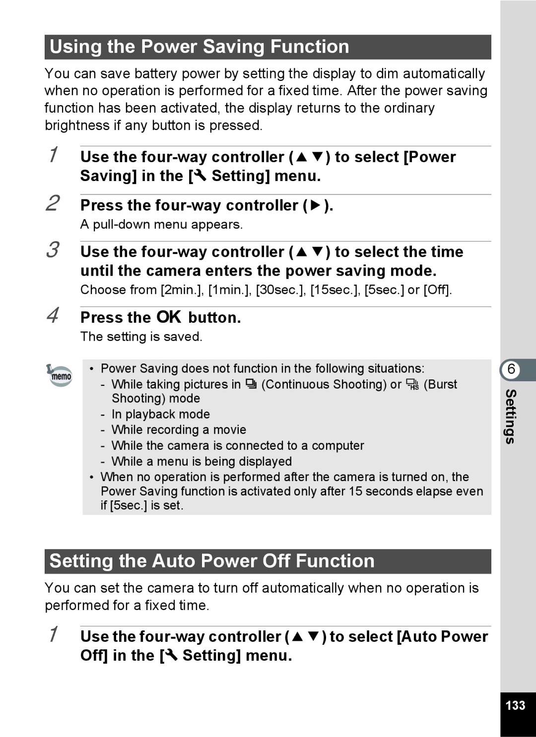 Pentax 14071 specifications Using the Power Saving Function, Setting the Auto Power Off Function 