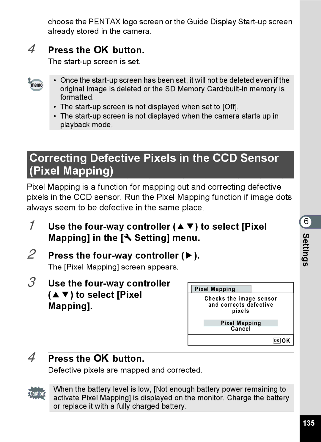 Pentax 14071 Correcting Defective Pixels in the CCD Sensor Pixel Mapping, Use the four-way controller 23 to select Pixel 