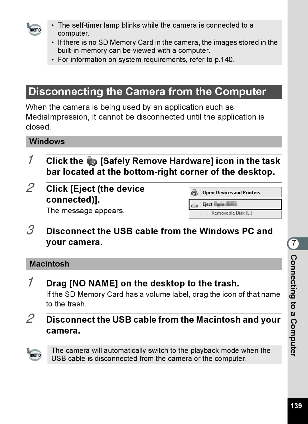 Pentax 14071 Disconnecting the Camera from the Computer, Drag no Name on the desktop to the trash, Windows, Macintosh 