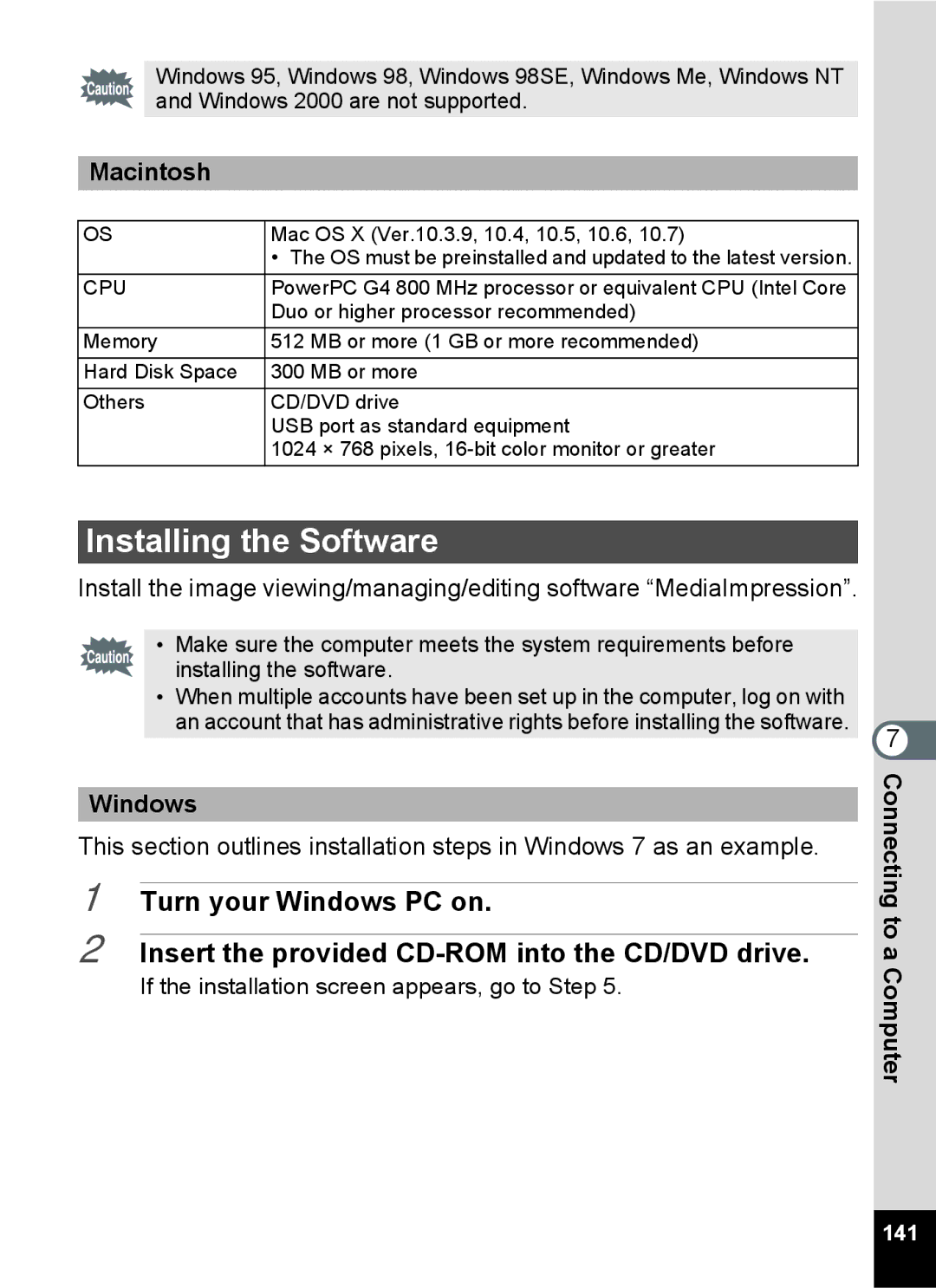 Pentax 14071 specifications Installing the Software 