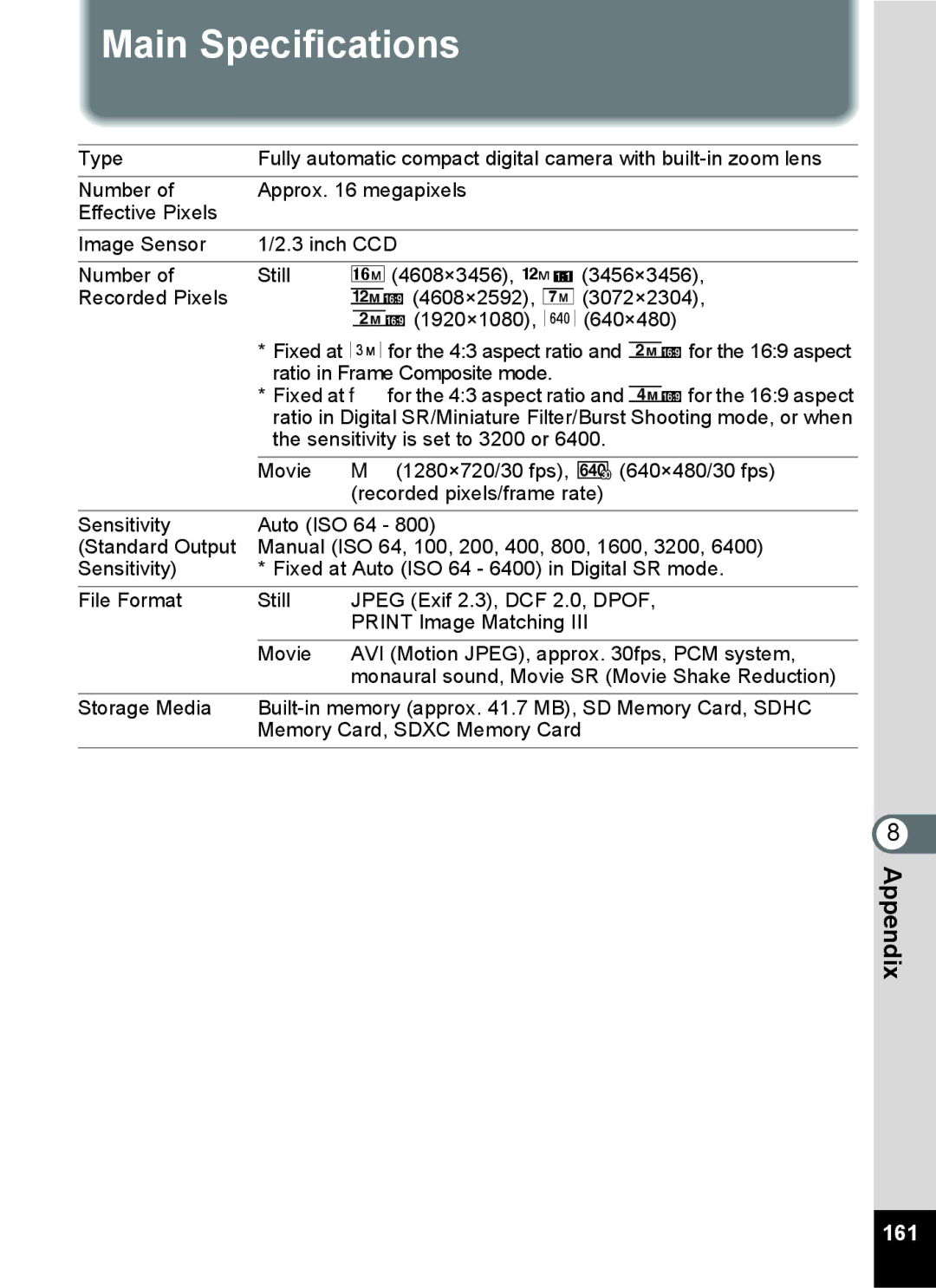 Pentax 14071 specifications Main Specifications, 161 