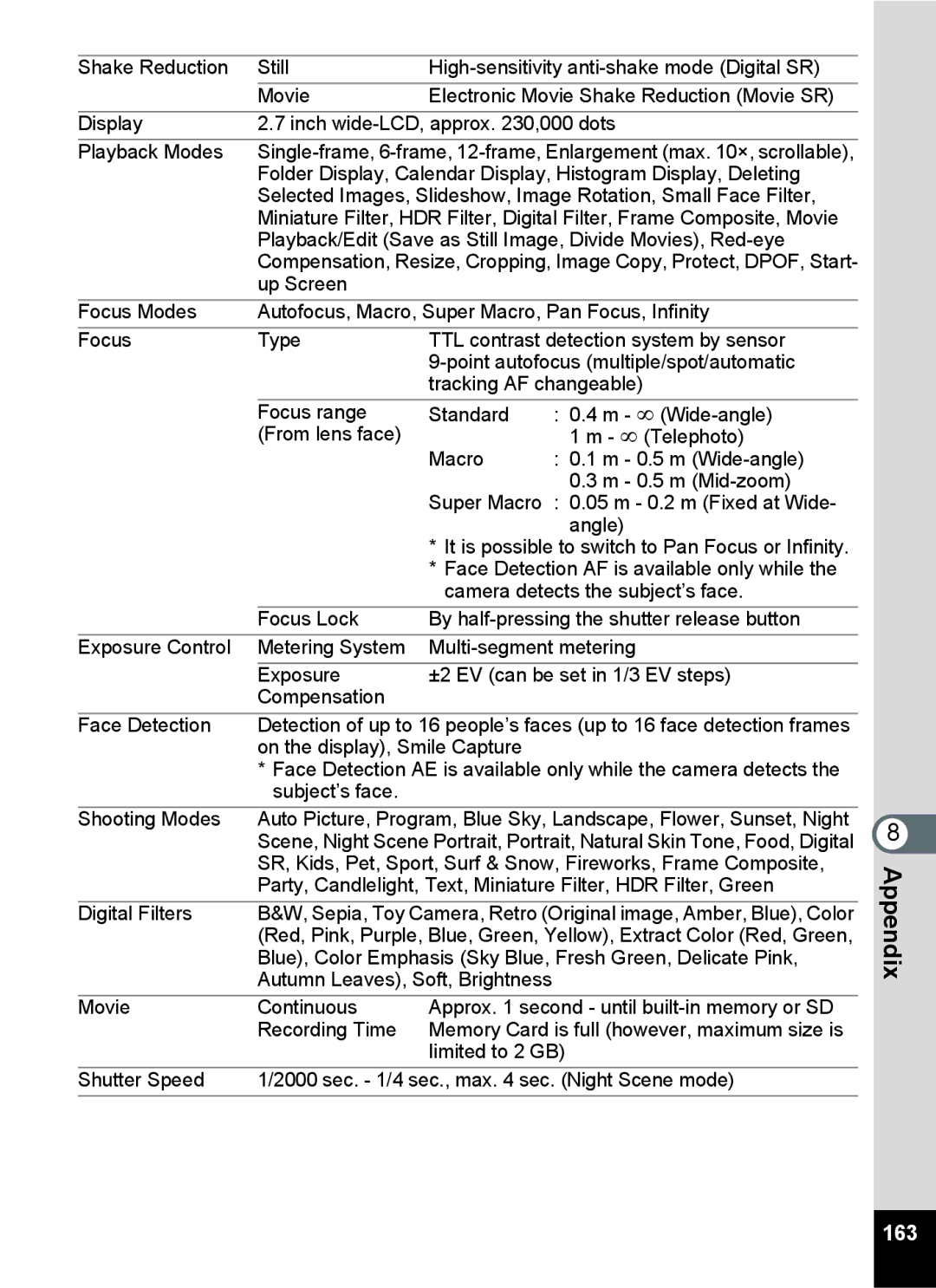 Pentax 14071 specifications 163 