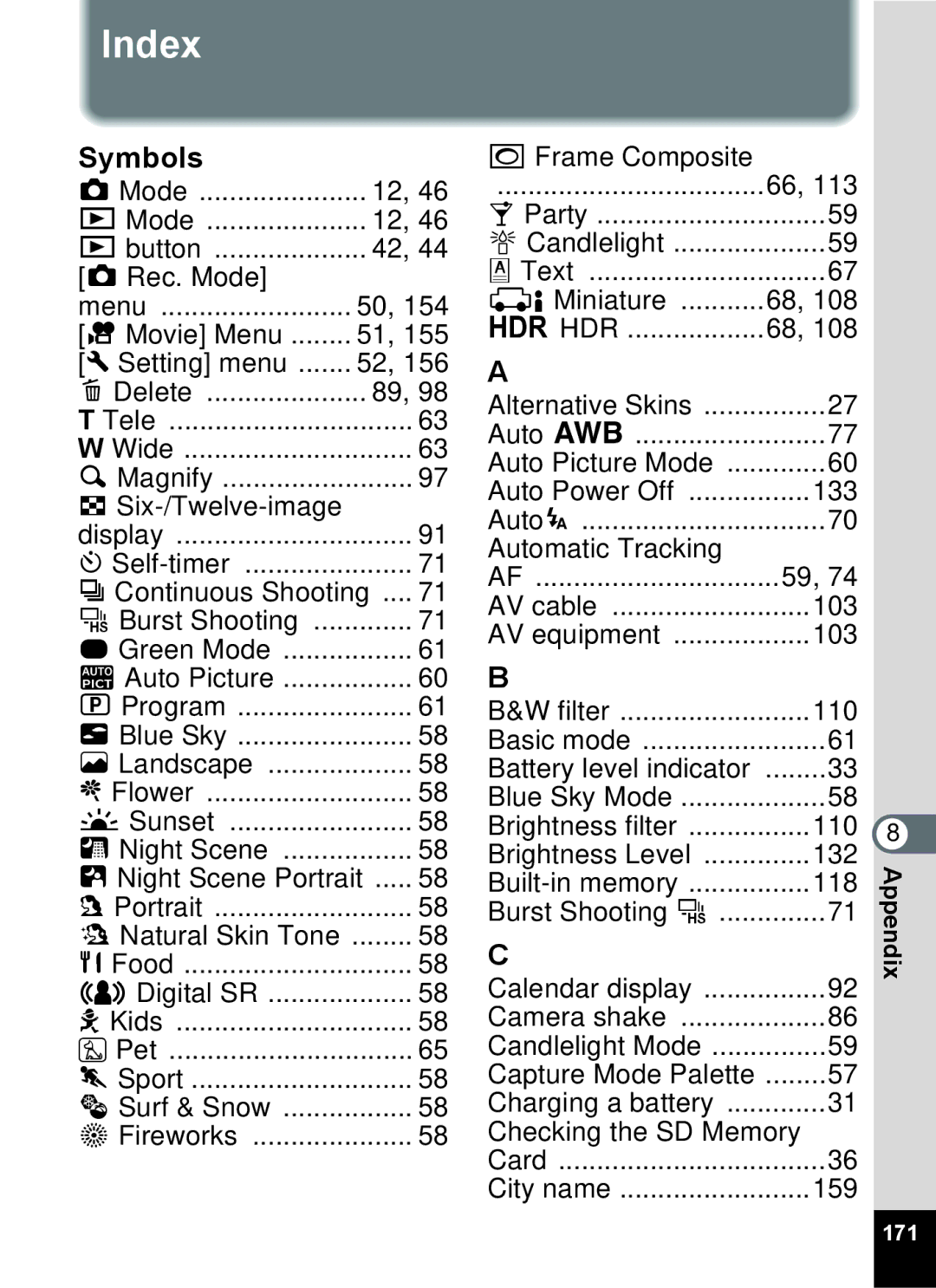 Pentax 14071 specifications Index, Symbols 