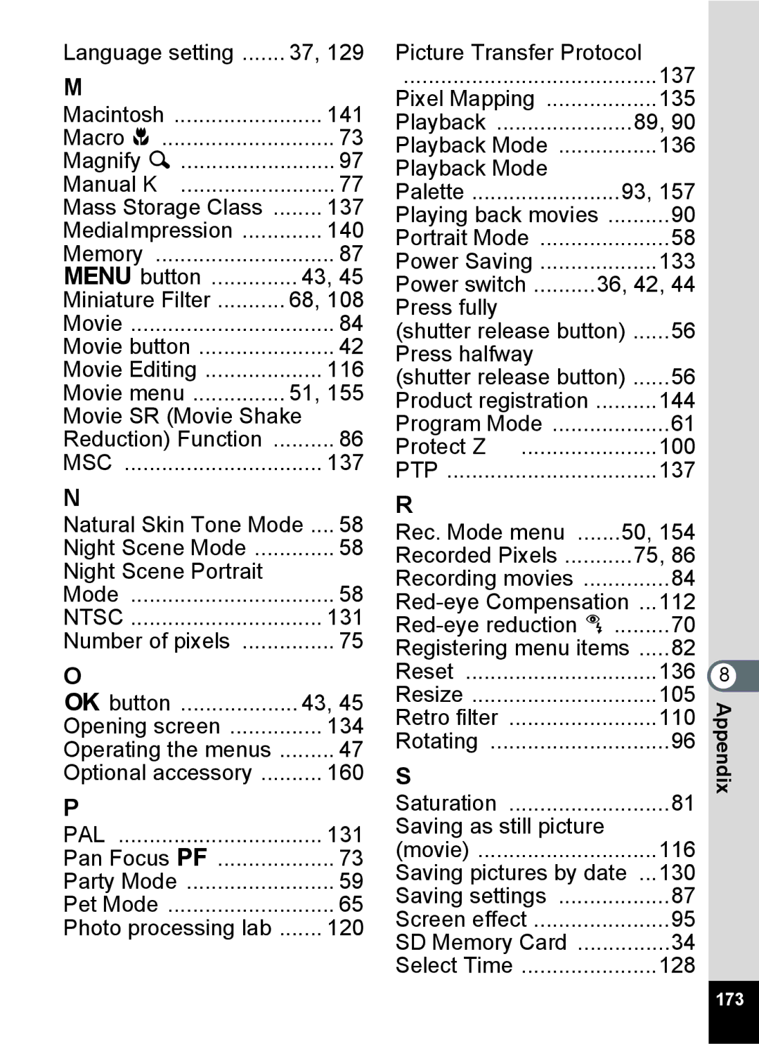 Pentax 14071 specifications Language setting Picture Transfer Protocol 137 