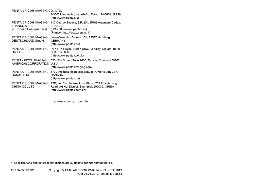 Pentax 14071 specifications Pentax Ricoh Imaging 