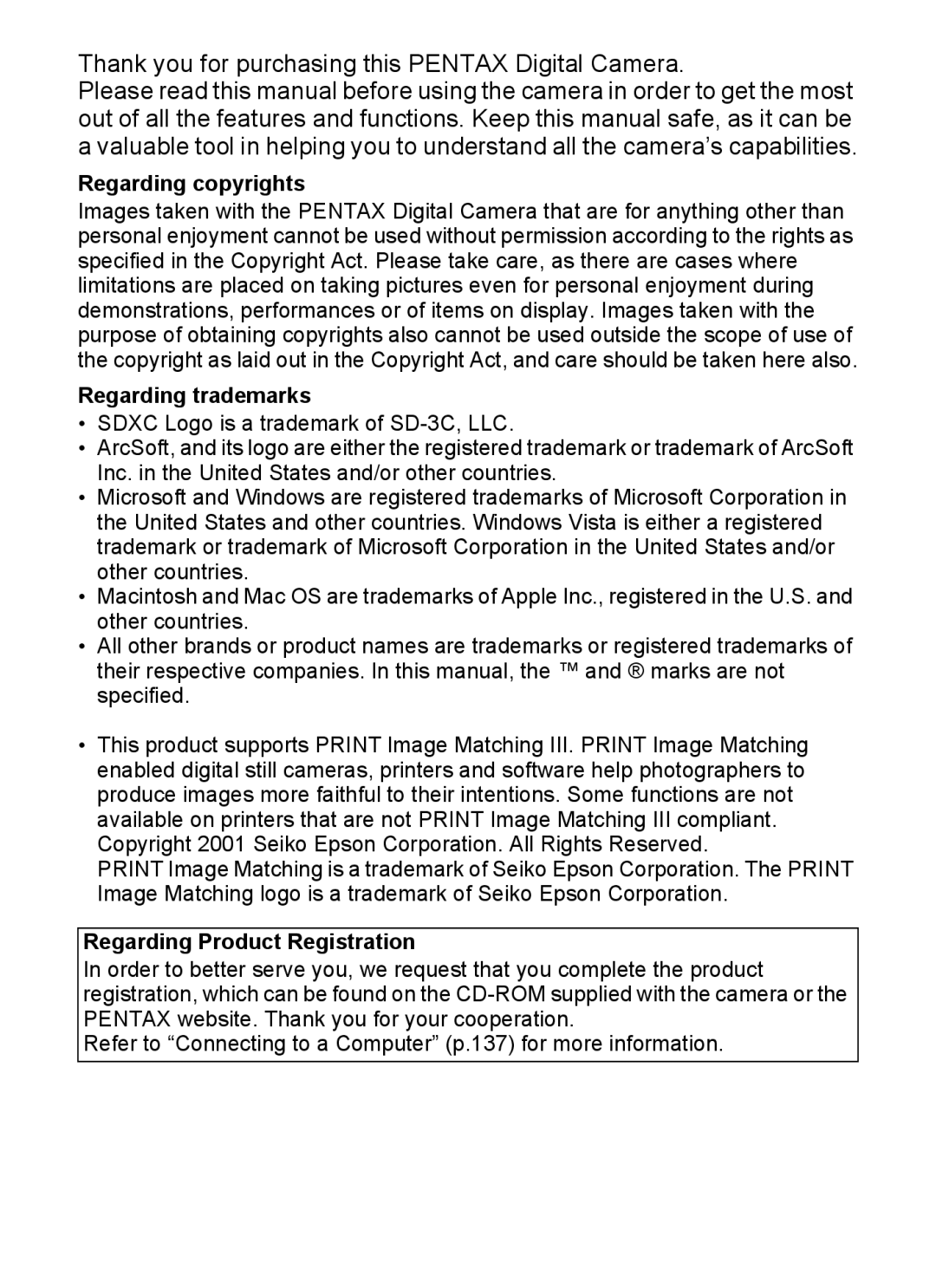 Pentax 14071 specifications Regarding copyrights, Regarding trademarks, Regarding Product Registration 