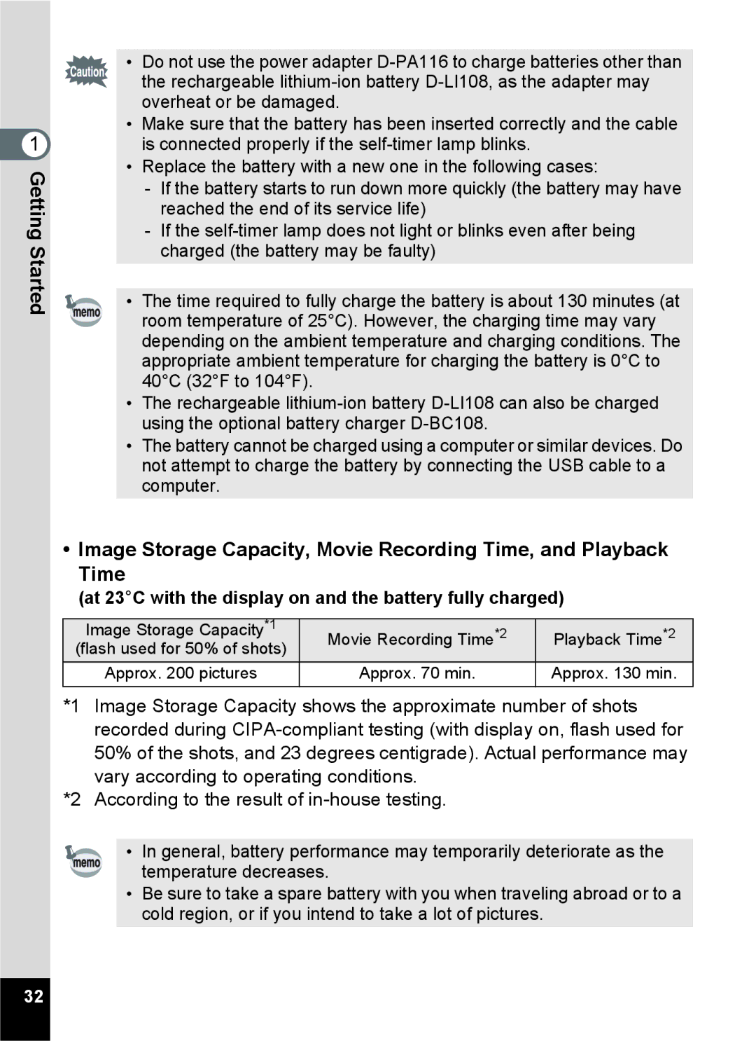 Pentax 14071 specifications At 23C with the display on and the battery fully charged 