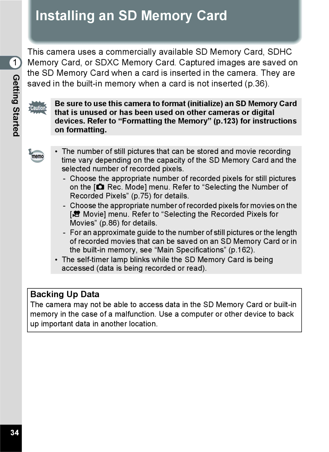 Pentax 14071 specifications Installing an SD Memory Card, Backing Up Data 