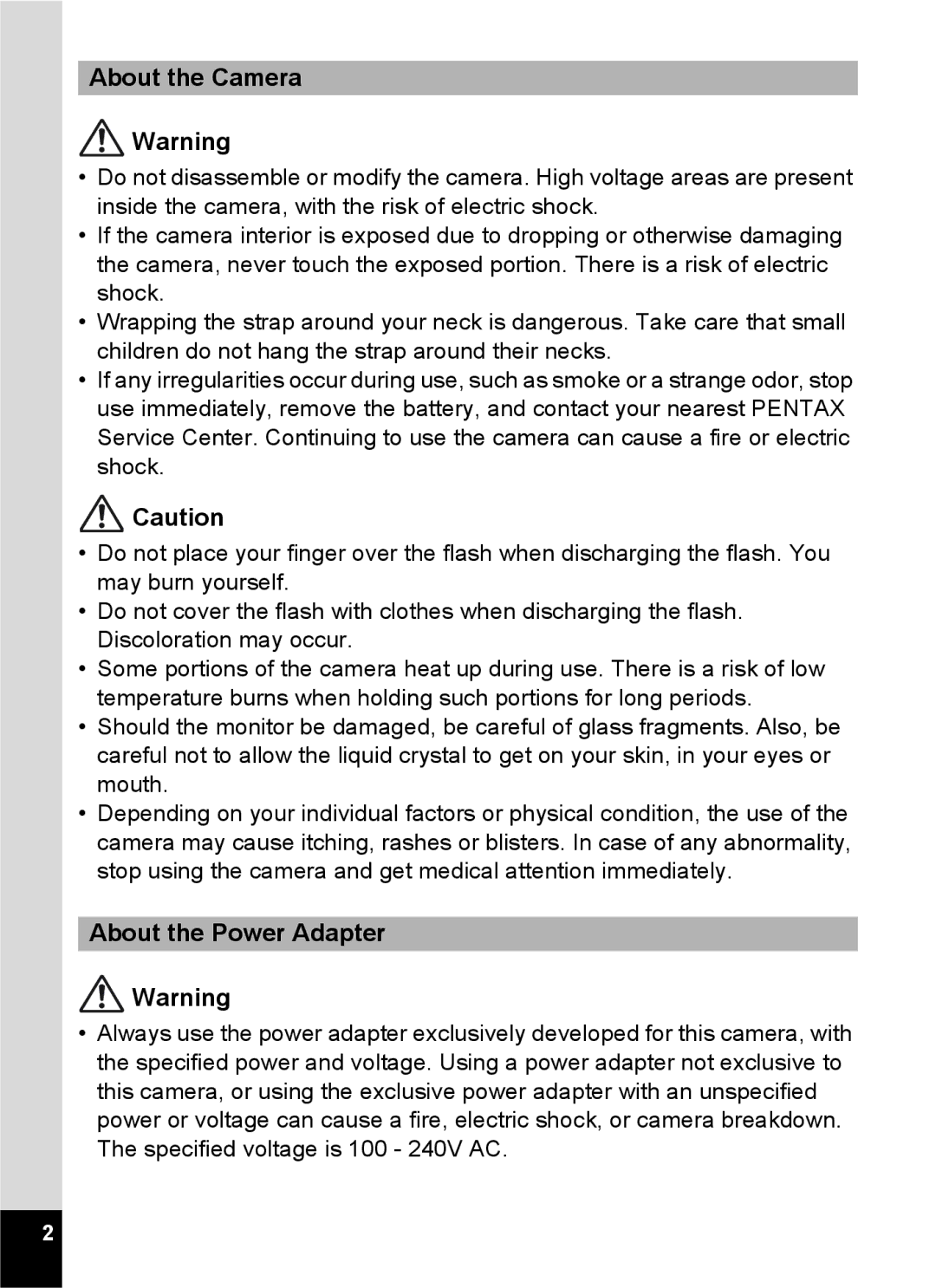 Pentax 14071 specifications About the Camera, About the Power Adapter 