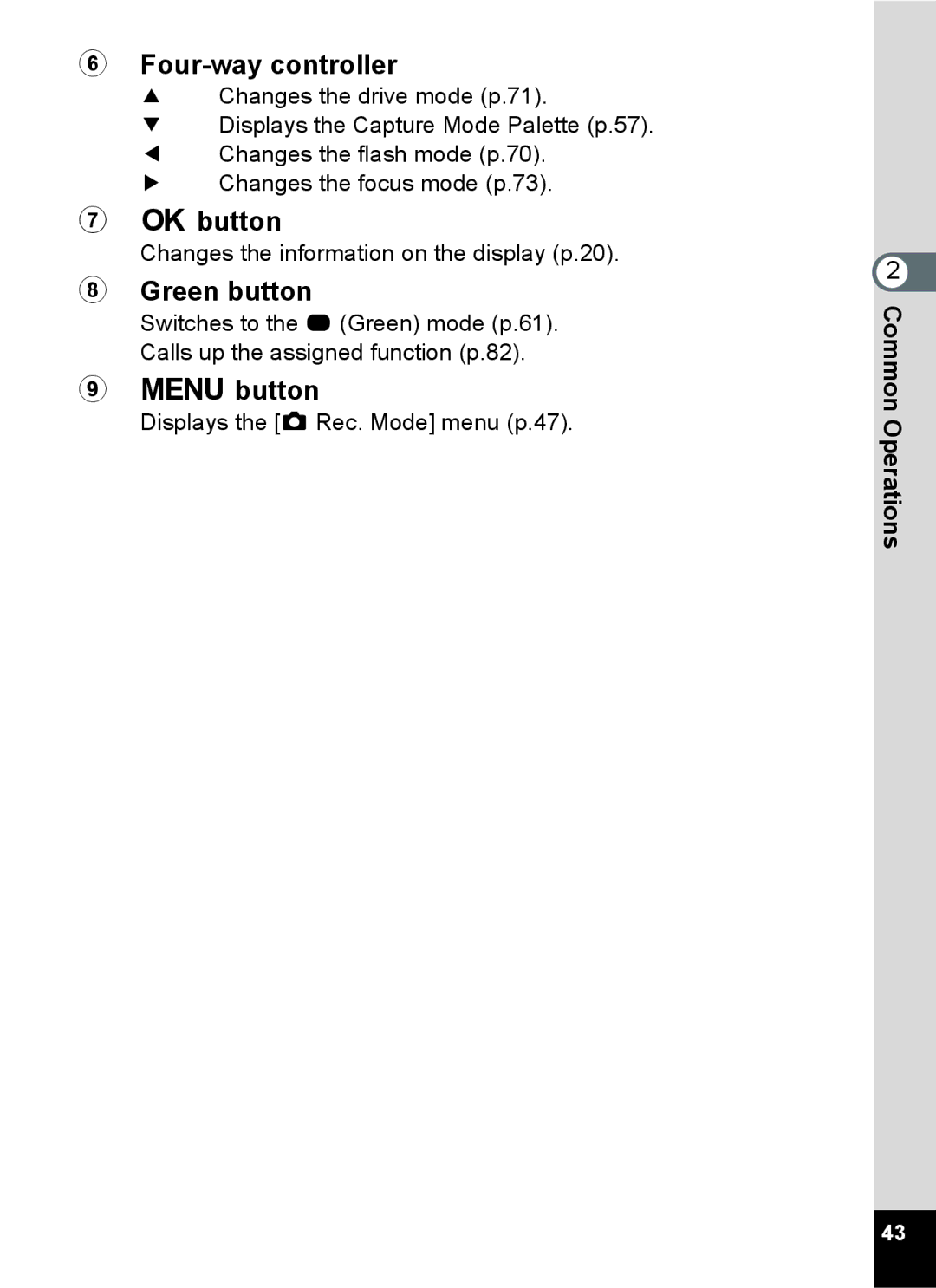 Pentax 14071 specifications Four-way controller, Green button 