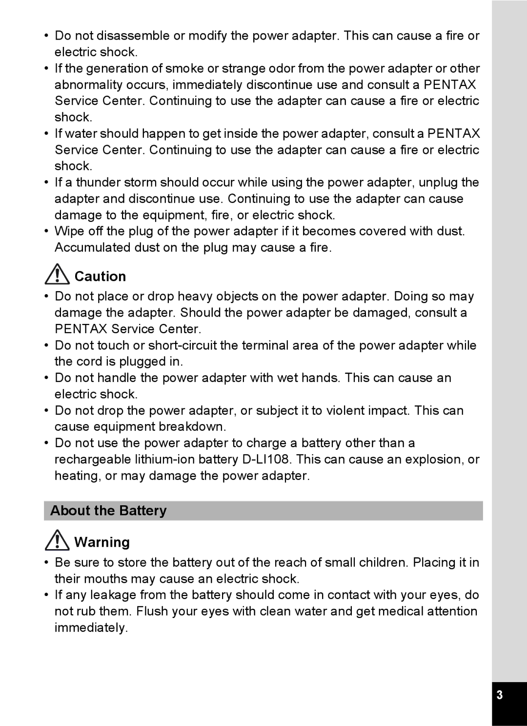 Pentax 14071 specifications About the Battery 