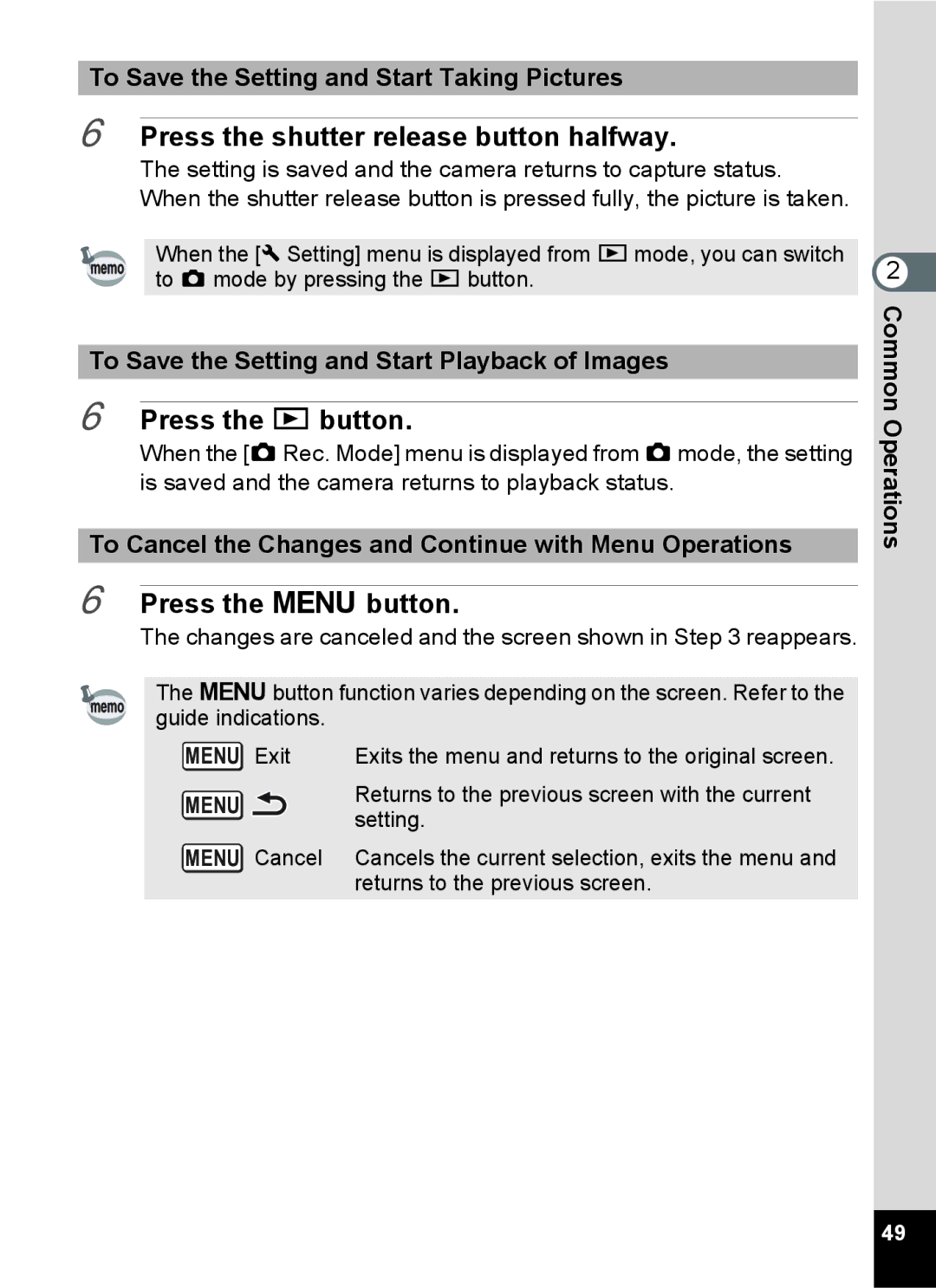 Pentax 14071 Press the shutter release button halfway, To Save the Setting and Start Taking Pictures, Menu Exit 