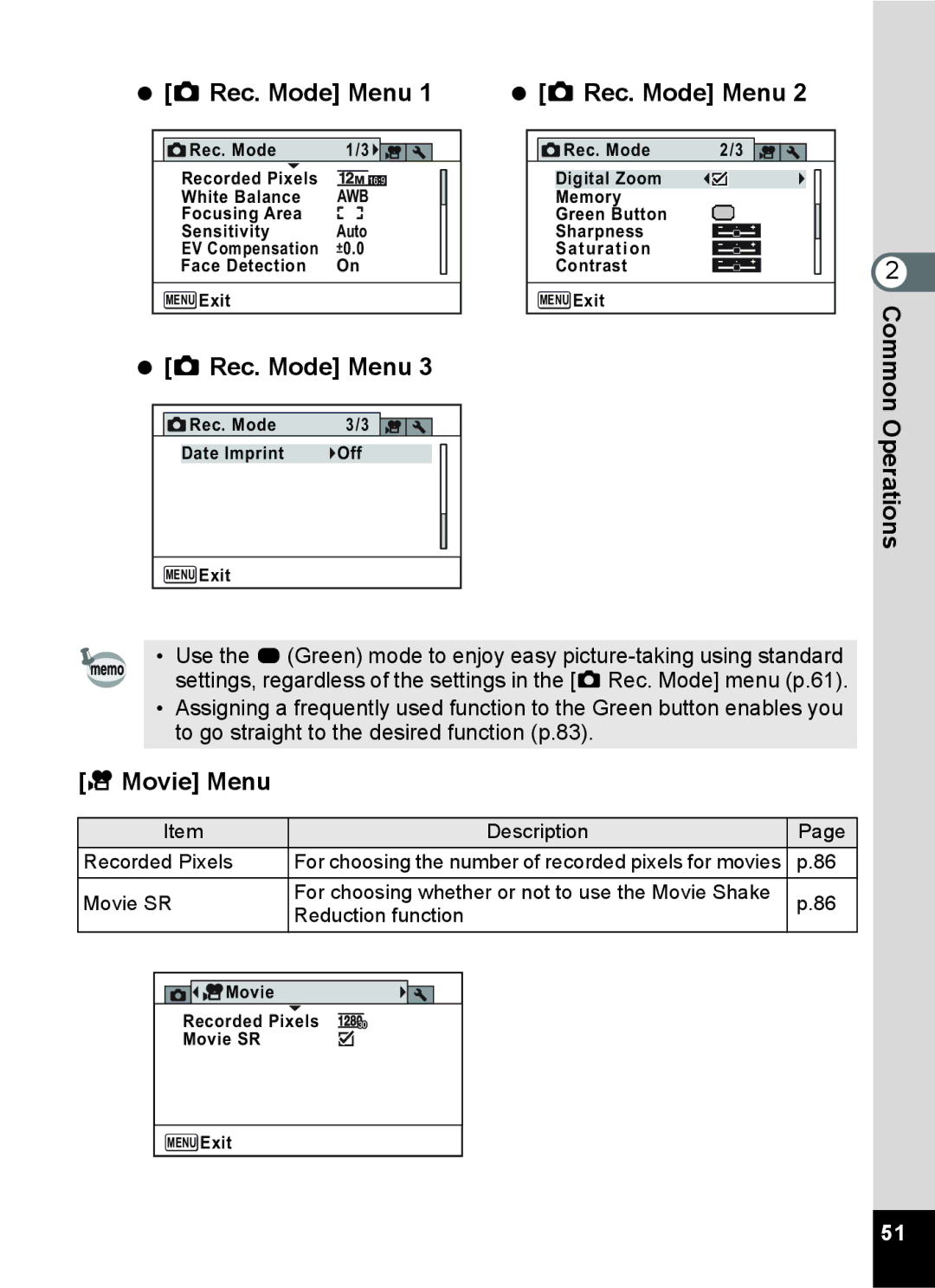 Pentax 14071 specifications  a Rec. Mode Menu, Movie Menu 