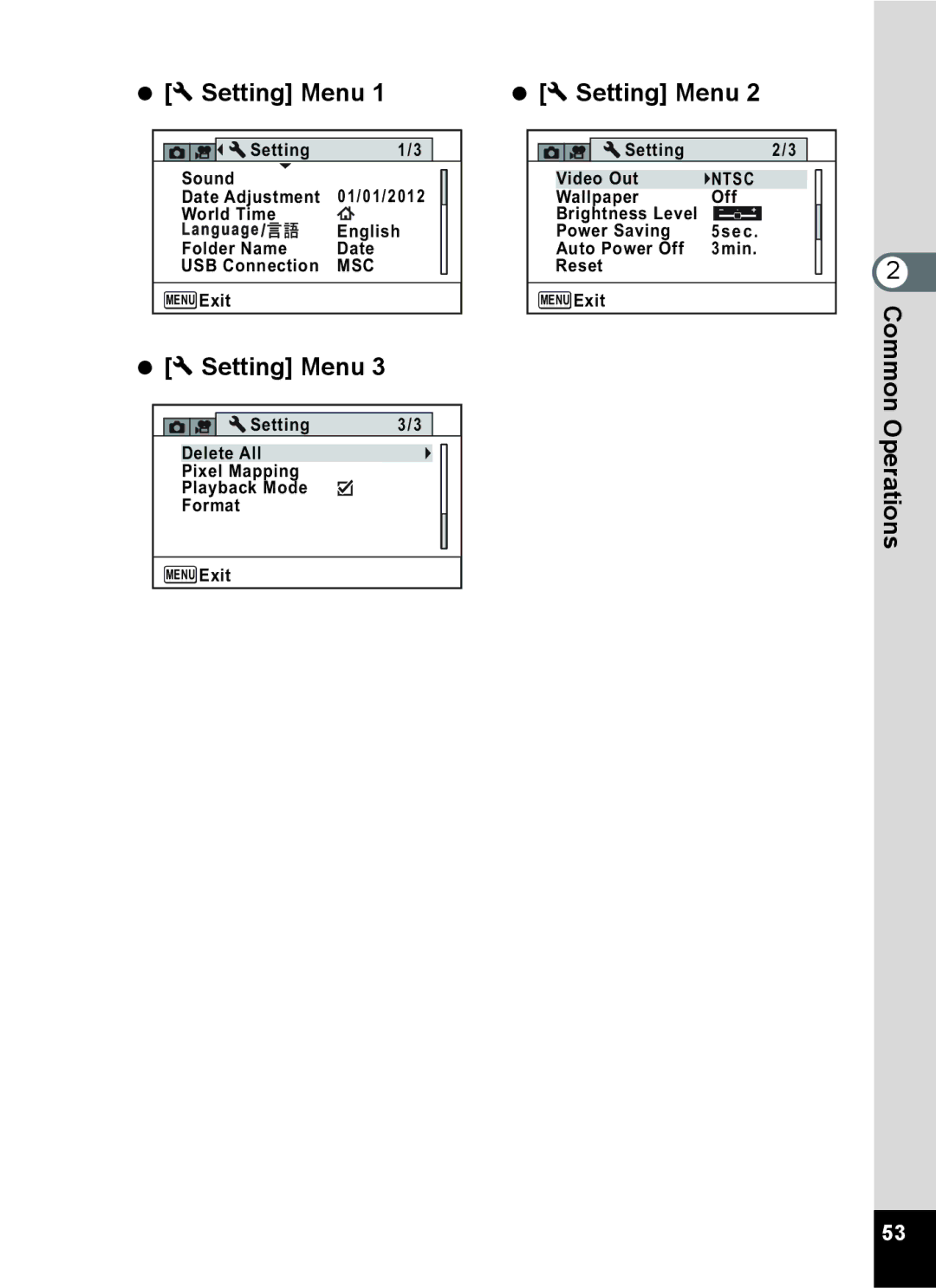 Pentax 14071 specifications  W Setting Menu, Ntsc 