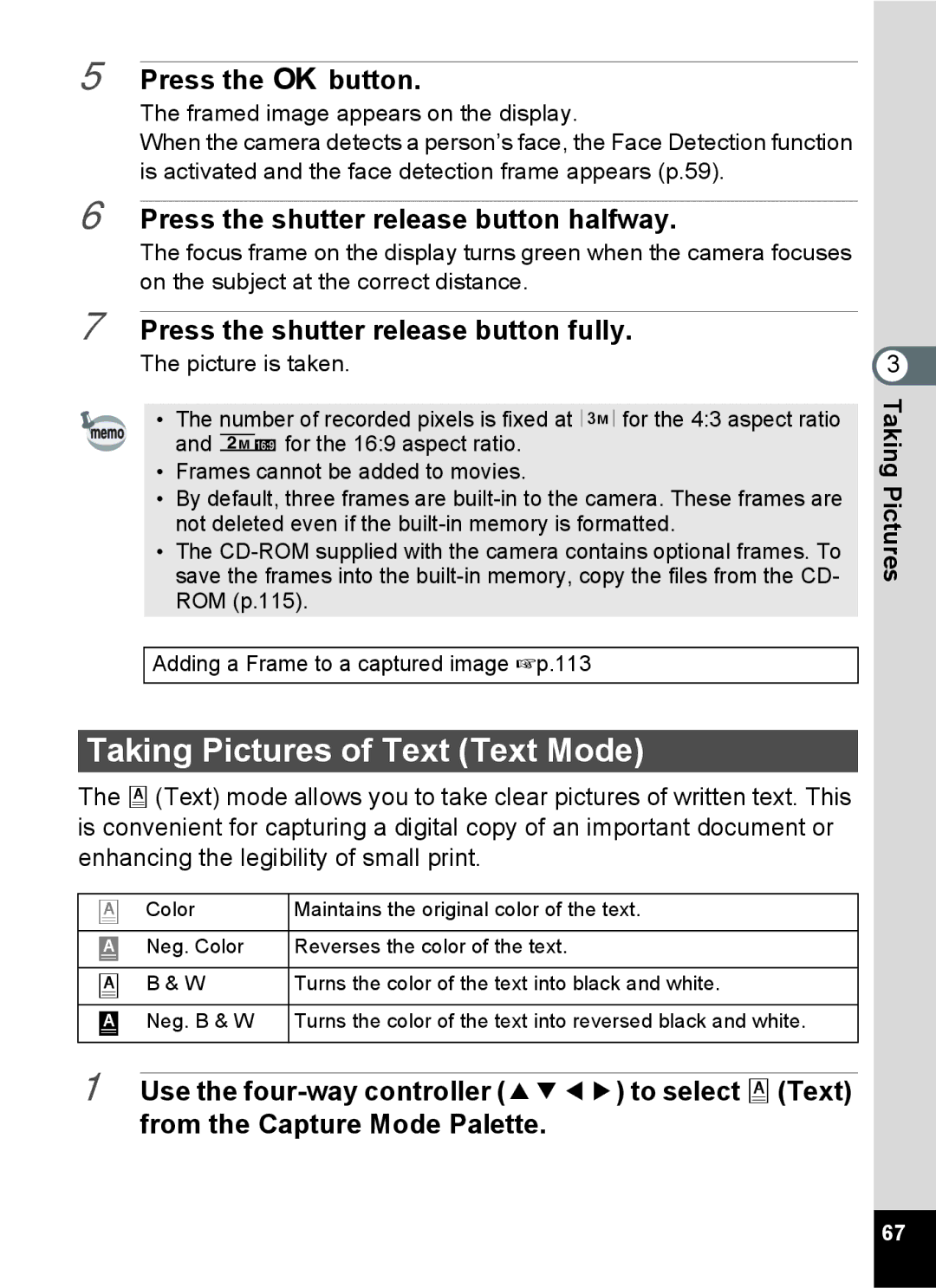 Pentax 14071 specifications Taking Pictures of Text Text Mode, Press the shutter release button halfway 