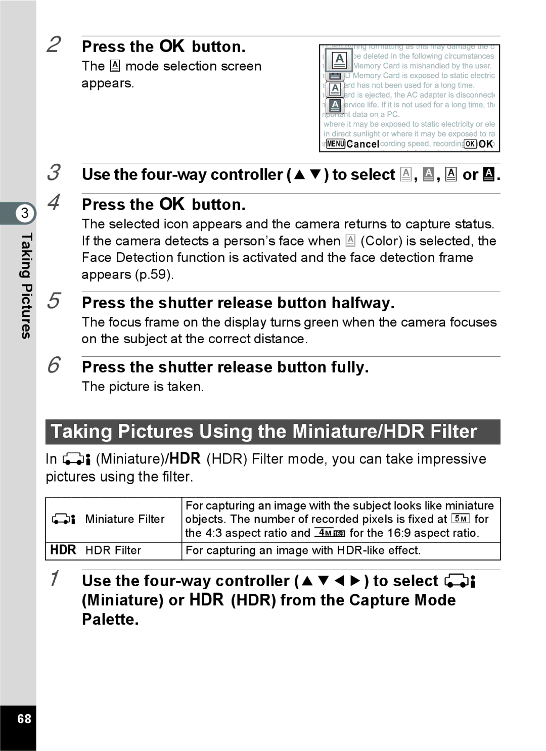 Pentax 14071 specifications Taking Pictures Using the Miniature/HDR Filter 