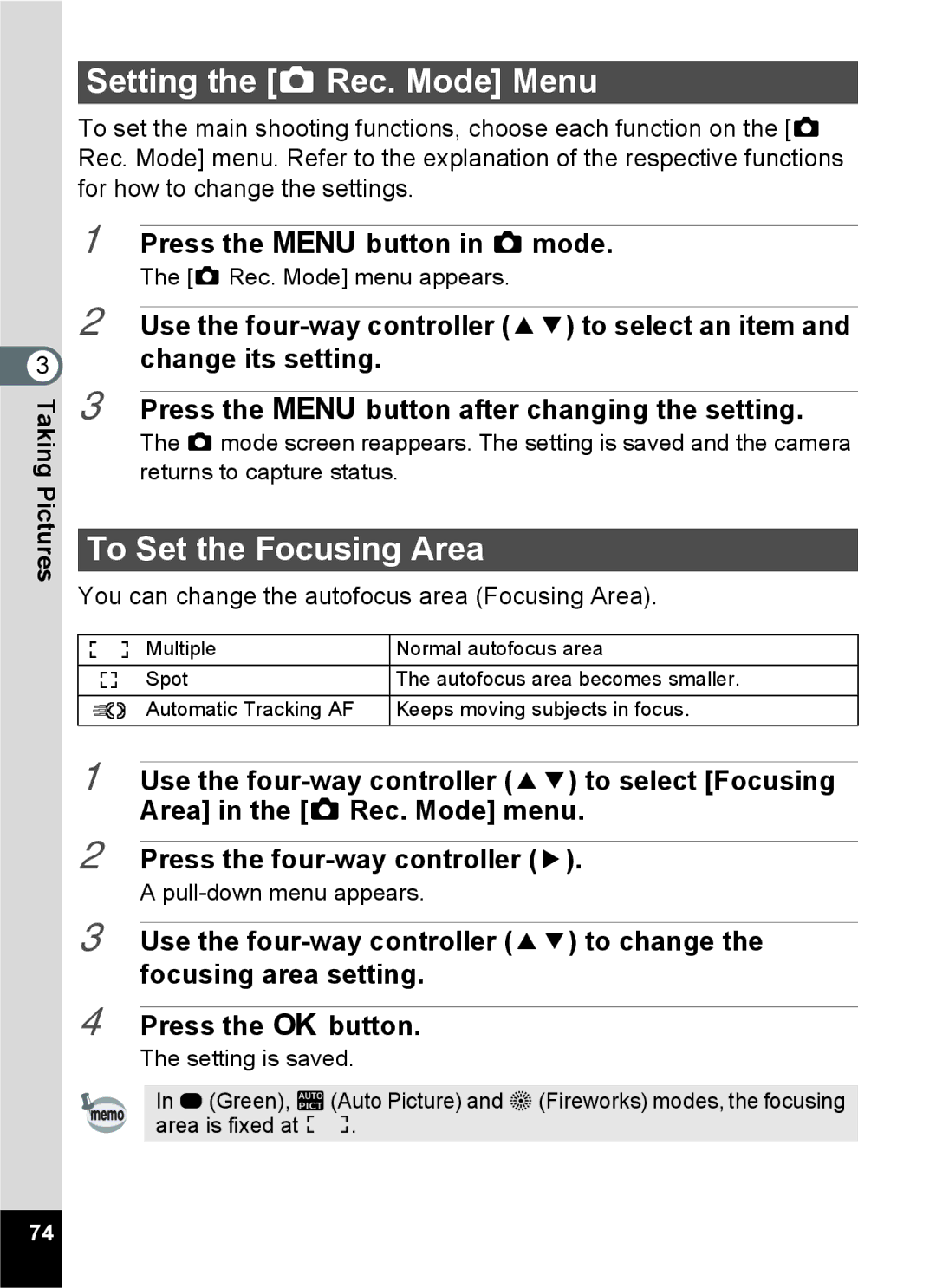 Pentax 14071 specifications Setting the a Rec. Mode Menu, To Set the Focusing Area 