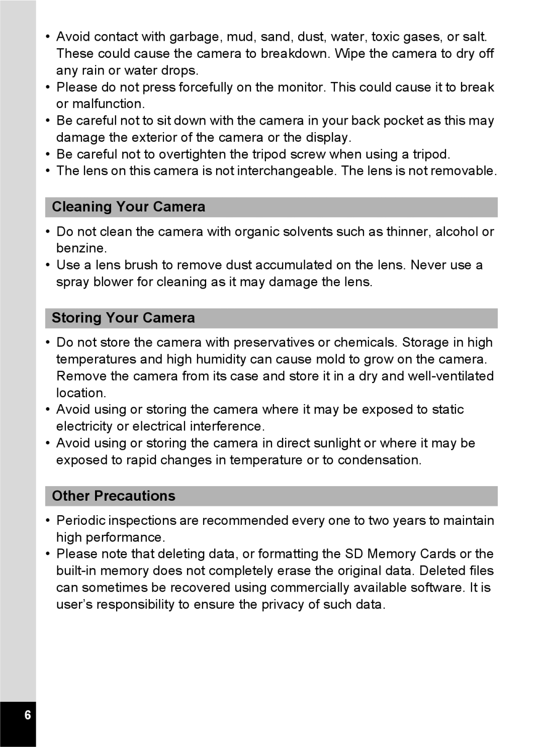 Pentax 14071 specifications Cleaning Your Camera, Storing Your Camera, Other Precautions 