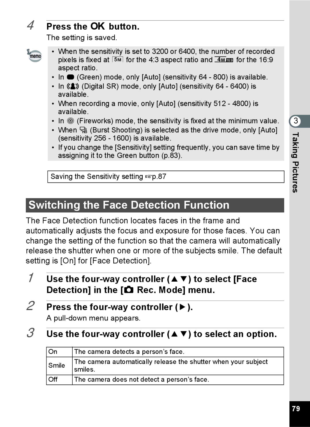 Pentax 14071 specifications Switching the Face Detection Function, Use the four-way controller 23 to select an option 