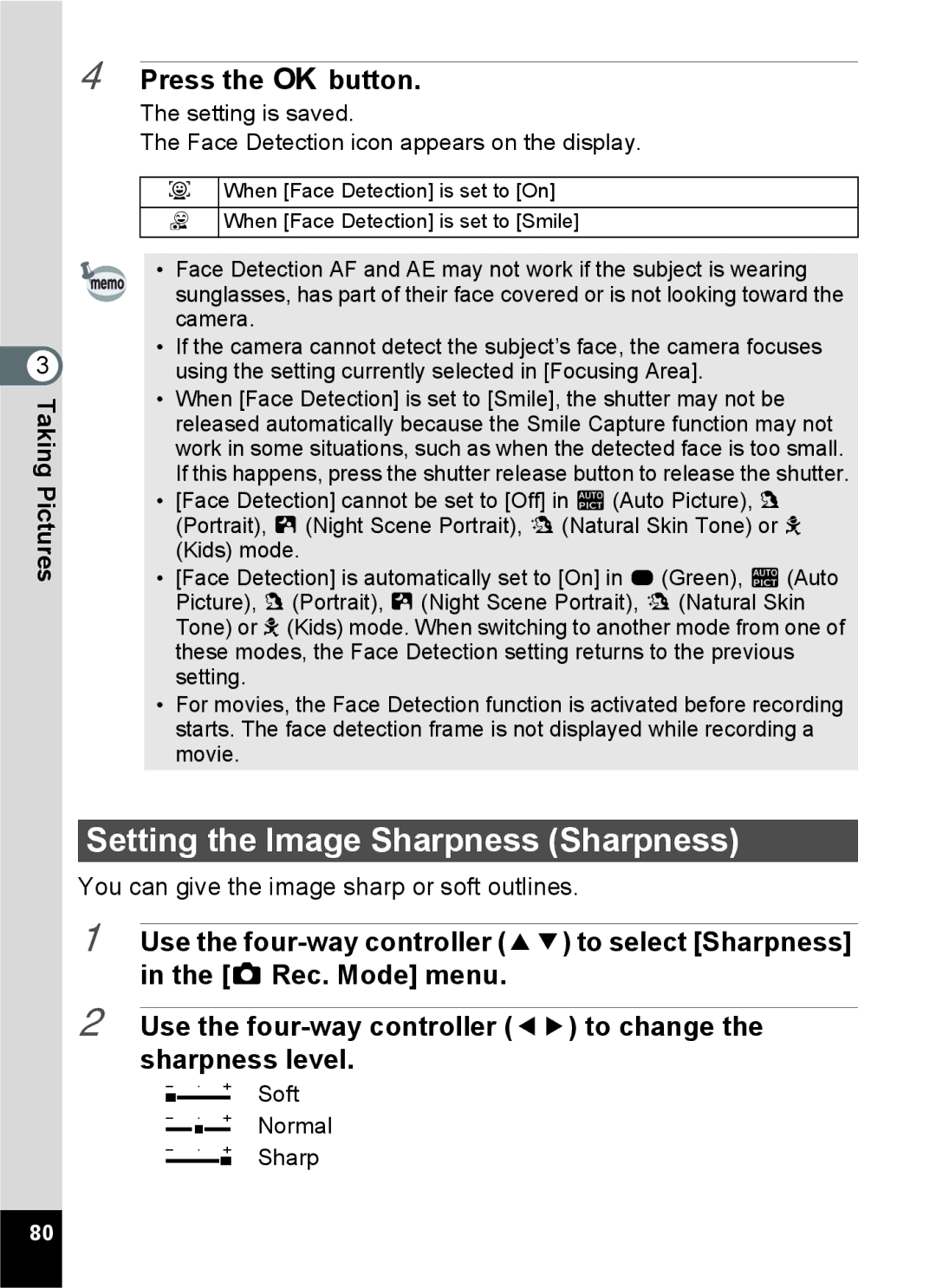 Pentax 14071 specifications Setting the Image Sharpness Sharpness 