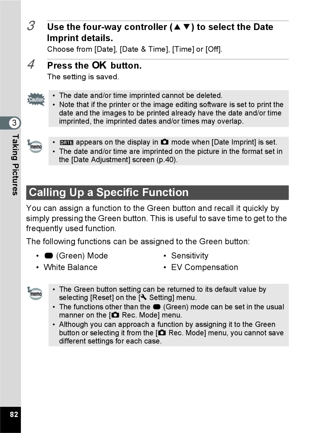 Pentax 14071 specifications Calling Up a Specific Function 