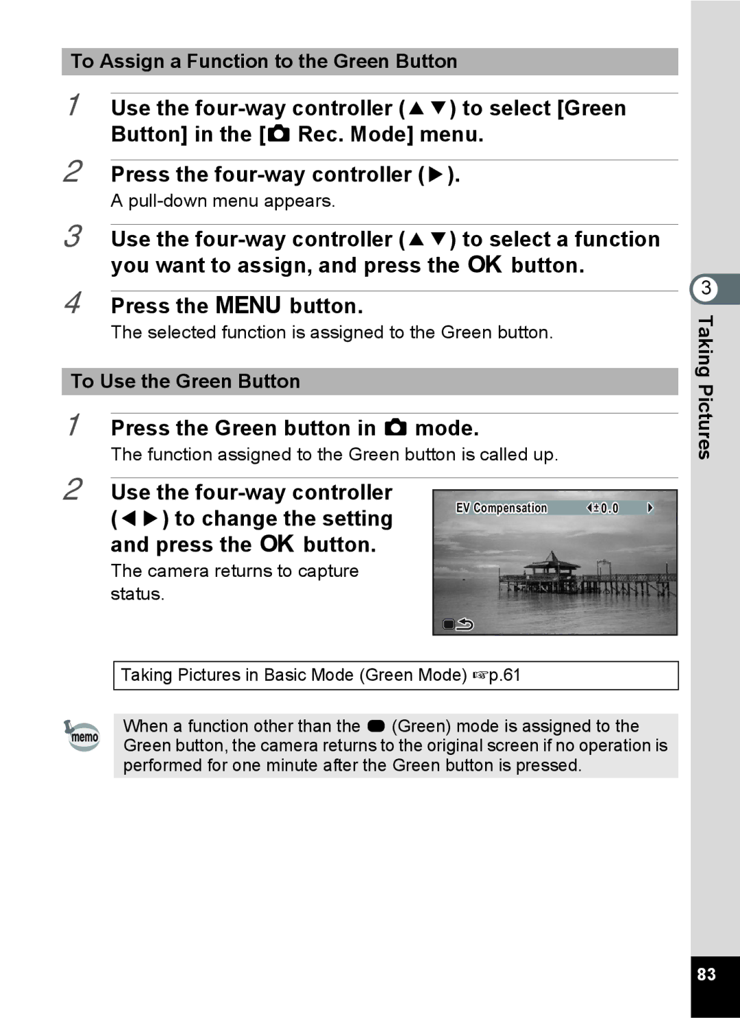 Pentax 14071 specifications To Assign a Function to the Green Button, To Use the Green Button 