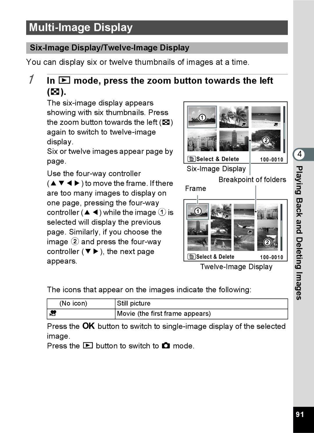 Pentax 14071 Multi-Image Display, Q mode, press the zoom button towards the left f, Six-Image Display/Twelve-Image Display 