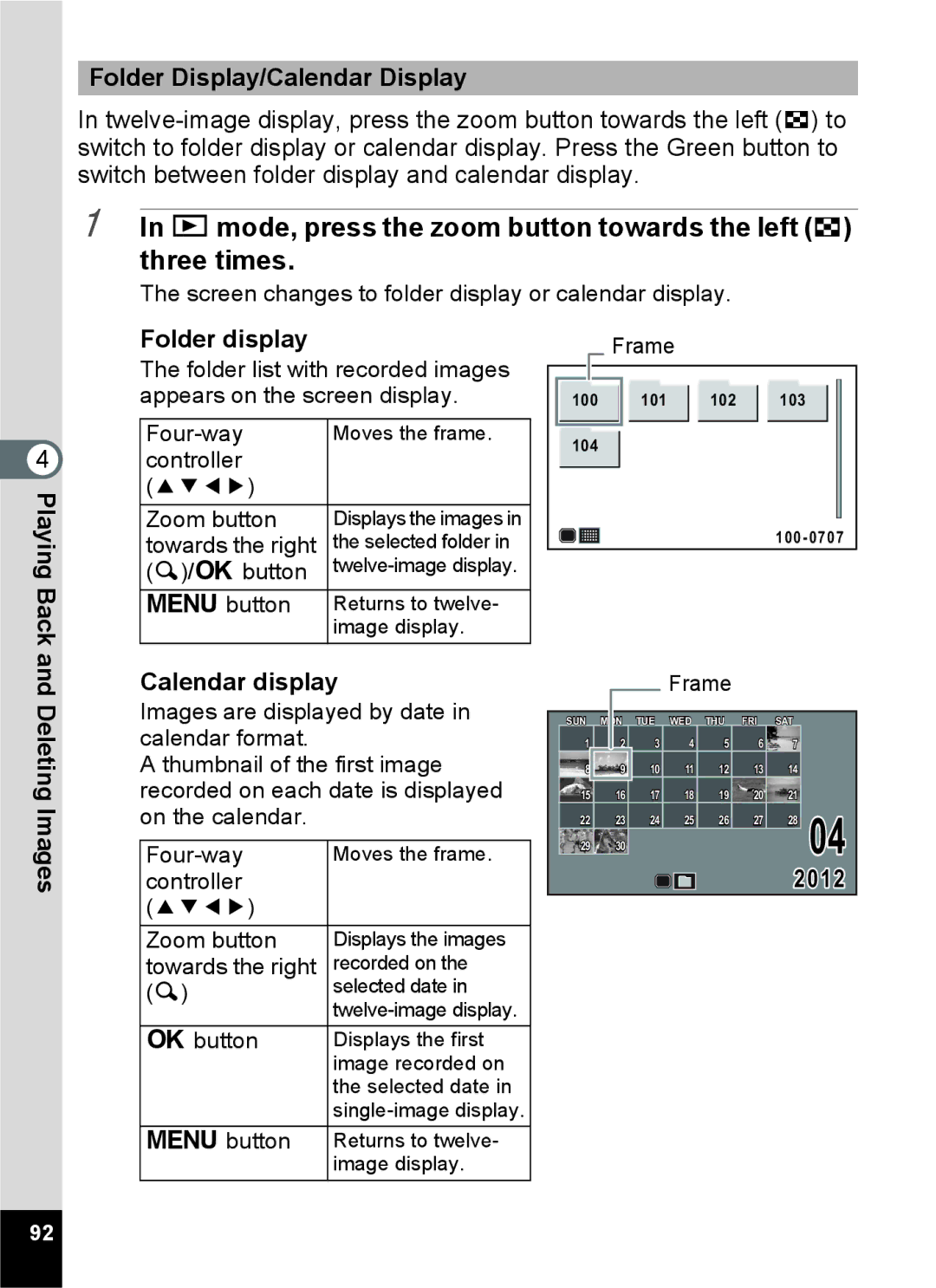 Pentax 14071 specifications Folder Display/Calendar Display, Folder display, Deleting Images Calendar display, 2012 