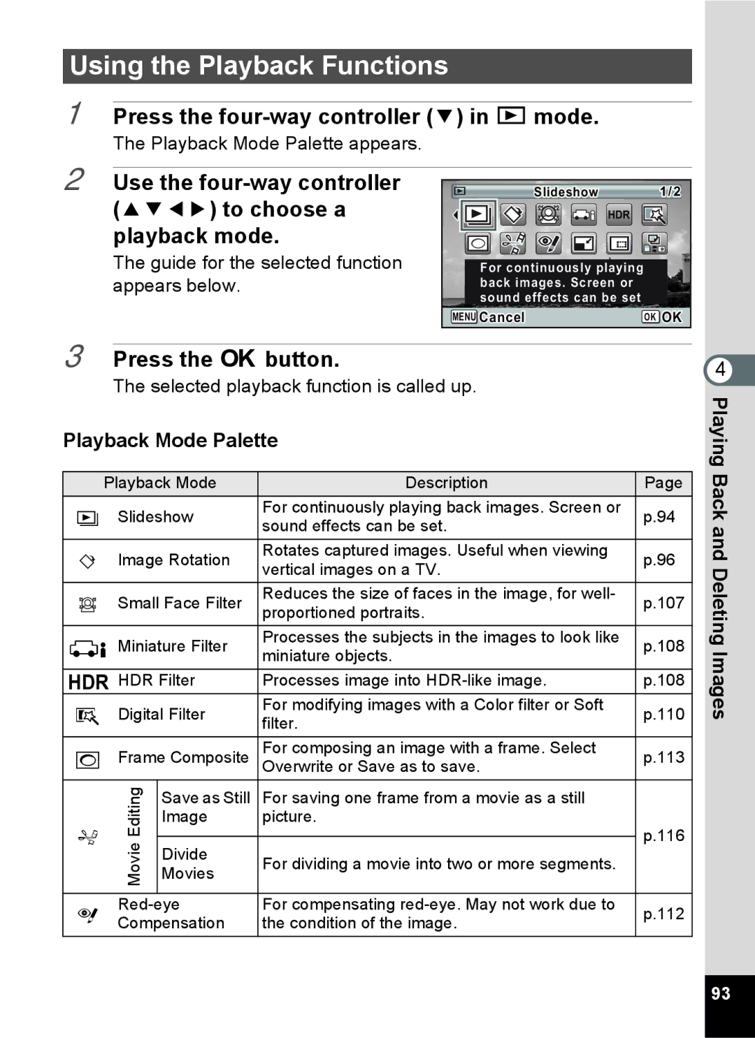 Pentax 14071 specifications Using the Playback Functions, Press the four-way controller 3 in Q mode, Playback Mode Palette 