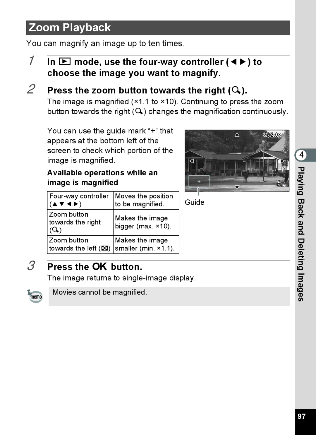 Pentax 14071 specifications Zoom Playback, Available operations while an image is magnified 