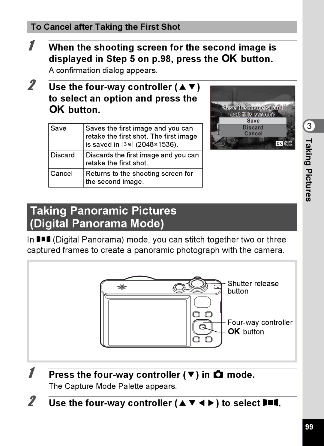 Pentax 14161, 14191, 14176 Taking Panoramic Pictures Digital Panorama Mode, Use the four-way controller 2345 to select F 