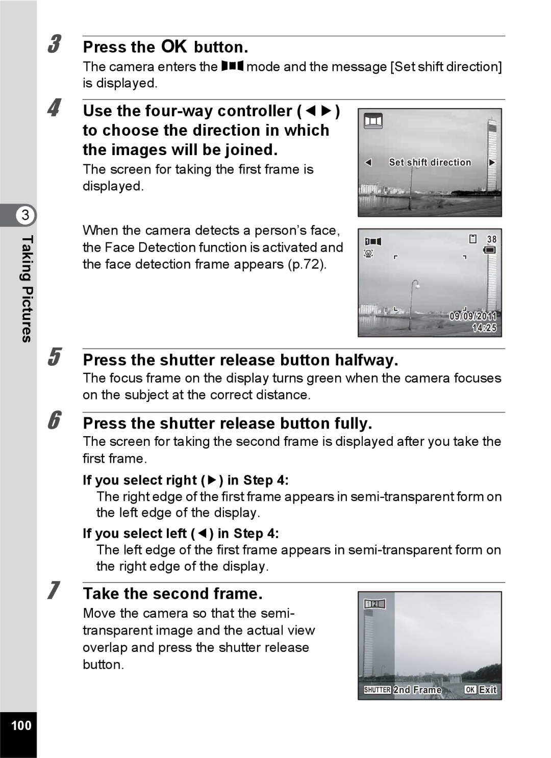 Pentax 14191, 14176, 14161 specifications Take the second frame, Screen for taking the first frame is, 100 