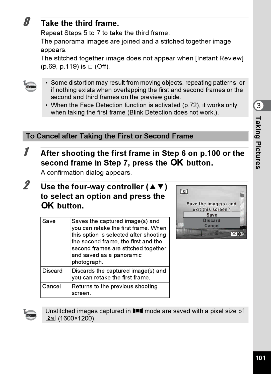 Pentax 14176, 14191, 14161 specifications Take the third frame, To Cancel after Taking the First or Second Frame, 101 