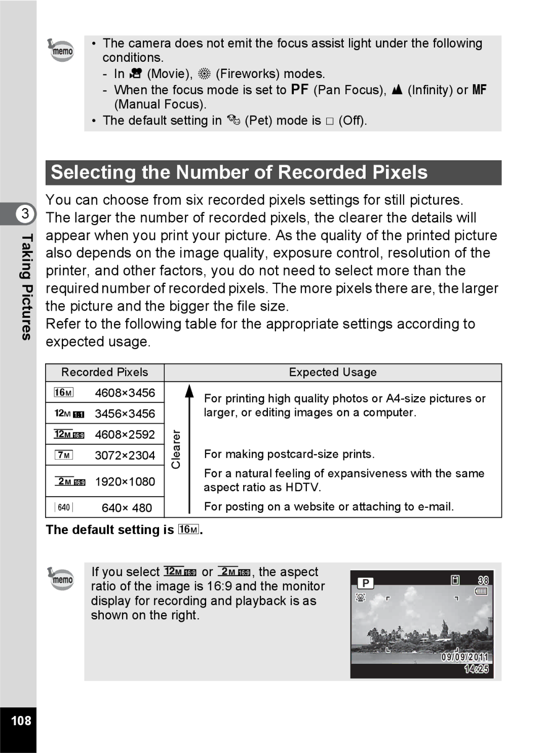 Pentax 14161, 14191, 14176 specifications Selecting the Number of Recorded Pixels, 108 