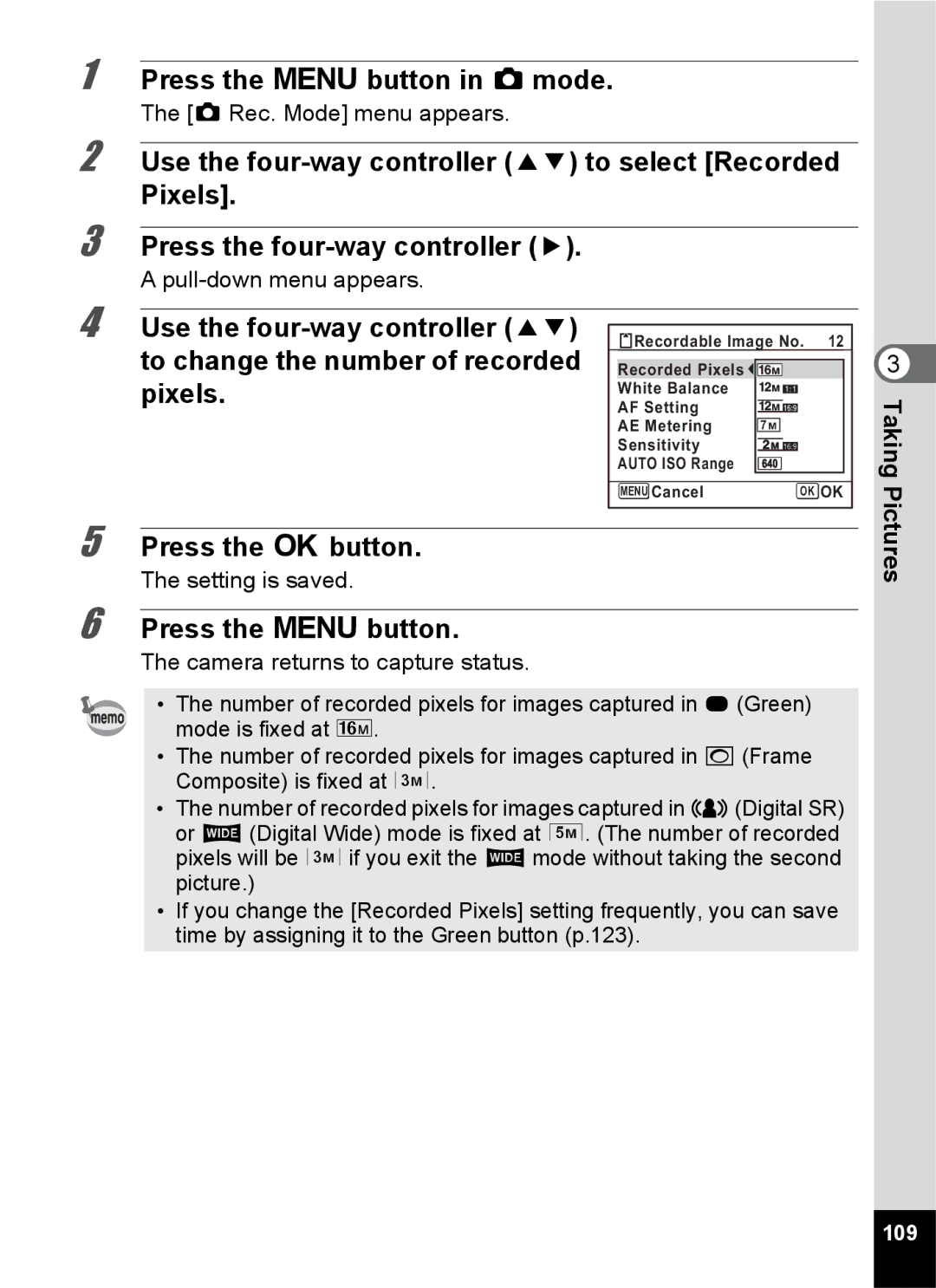 Pentax 14191, 14176, 14161 specifications Press the 4 button. The setting is saved, 109 