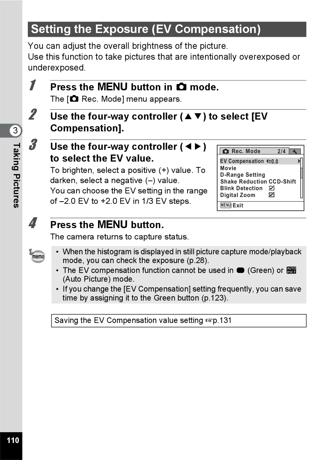 Pentax 14176, 14191, 14161 specifications Setting the Exposure EV Compensation, 110 