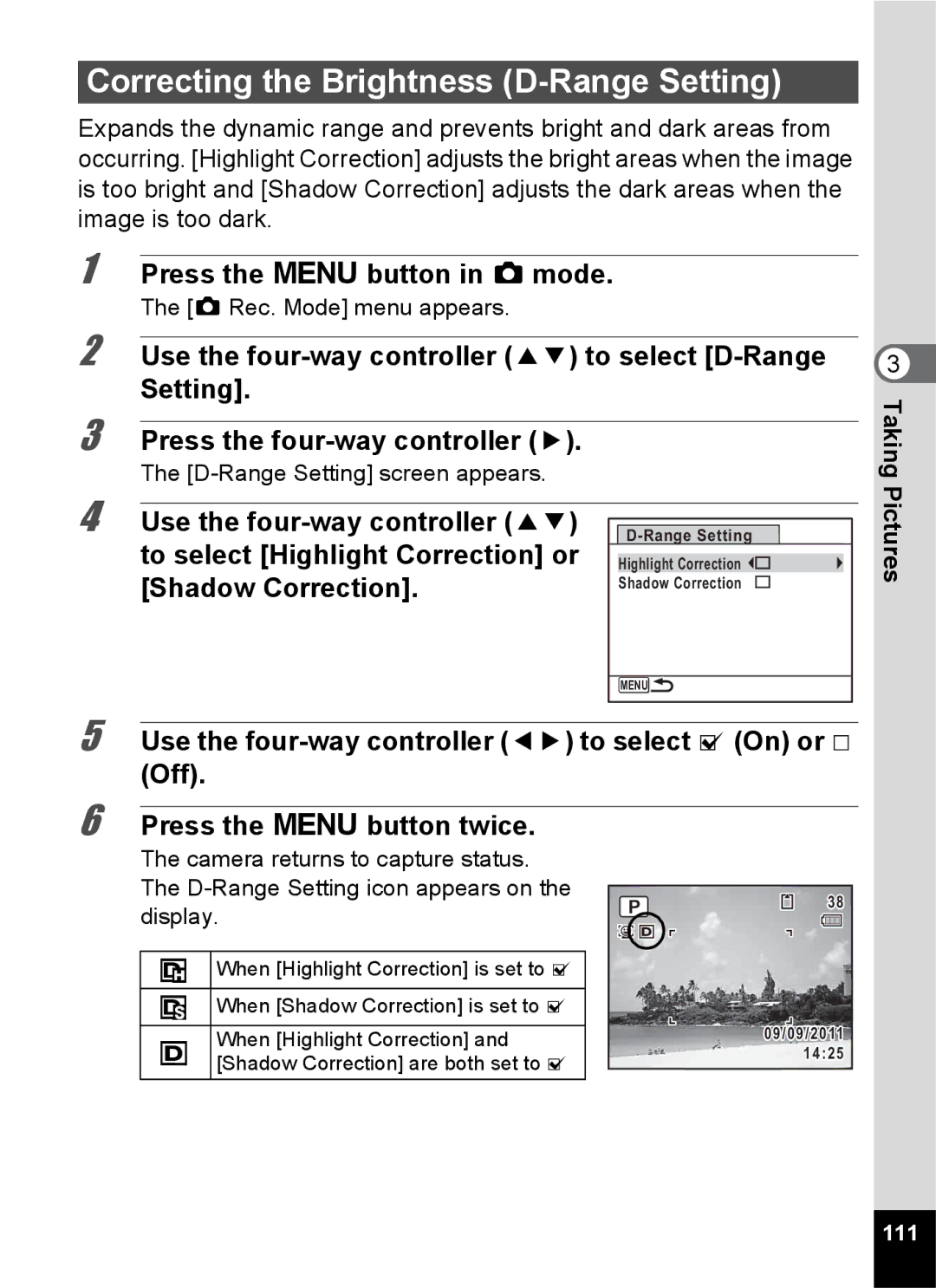 Pentax 14161, 14191 Correcting the Brightness D-Range Setting, To select Highlight Correction or, Shadow Correction, 111 