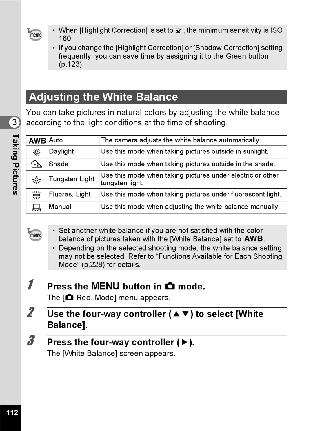 Pentax 14191, 14176, 14161 specifications Adjusting the White Balance, White Balance screen appears, 112 