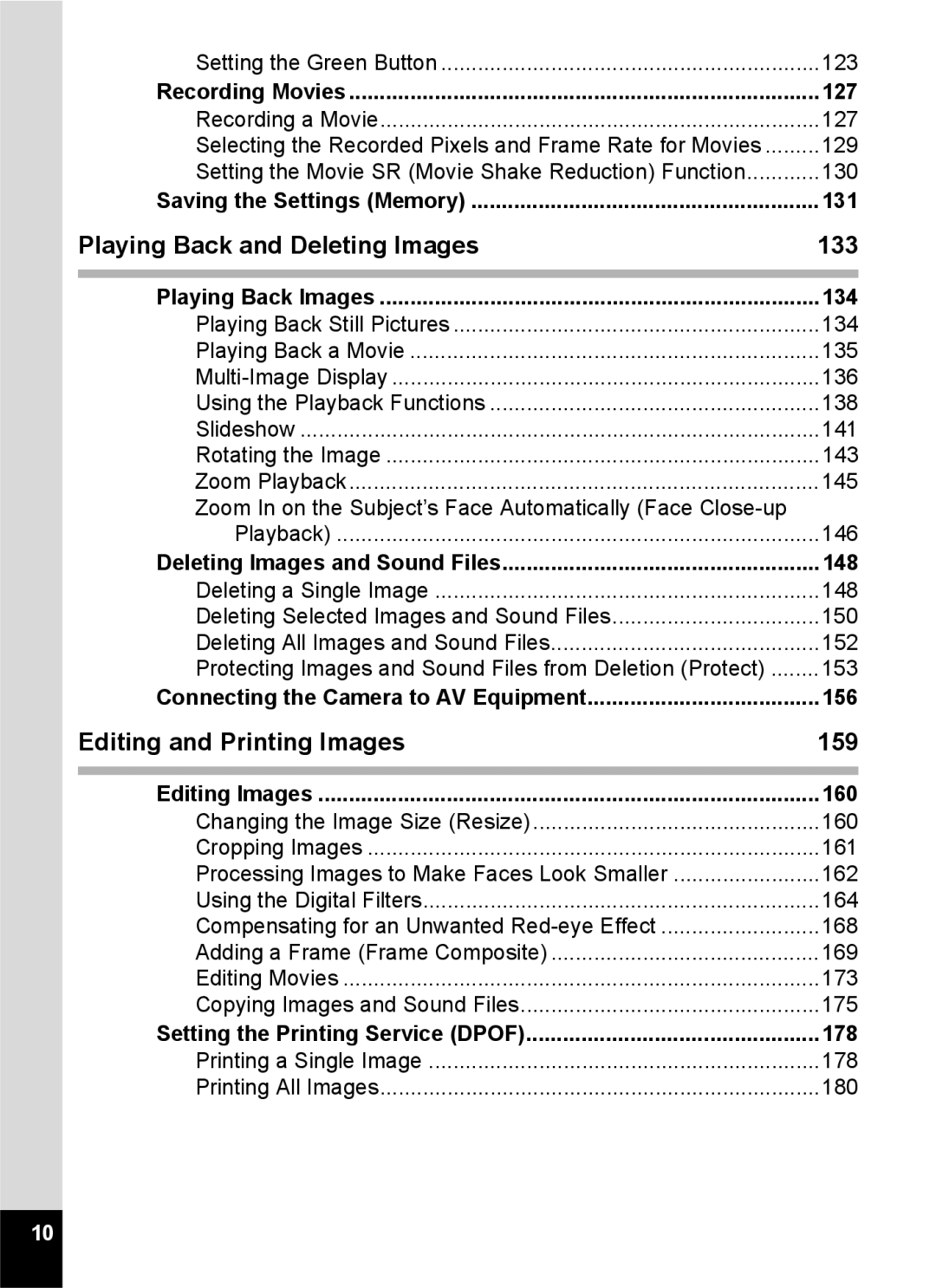 Pentax 14191, 14176, 14161 Playing Back and Deleting Images, Editing and Printing Images, Setting the Green Button 123 