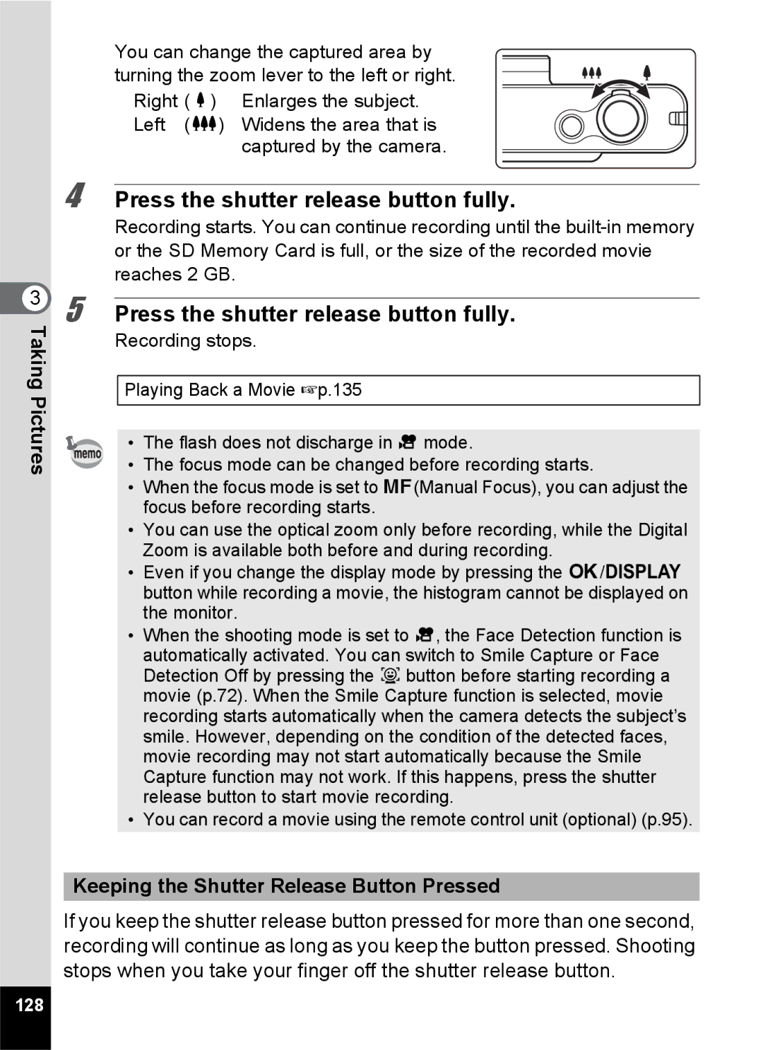 Pentax 14176, 14191, 14161 specifications Keeping the Shutter Release Button Pressed, 128 