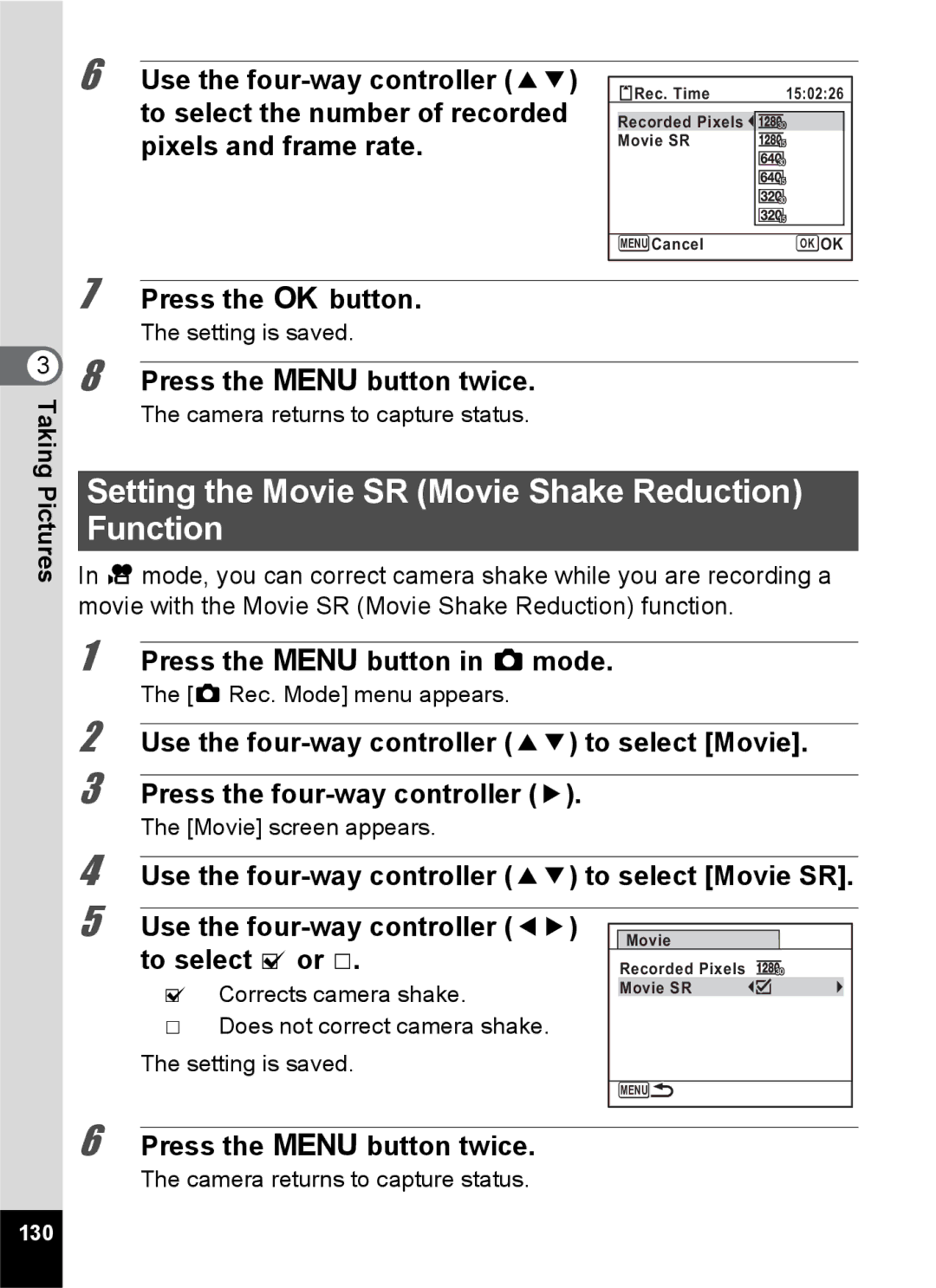 Pentax 14191, 14176, 14161 specifications Setting the Movie SR Movie Shake Reduction Function, 130 