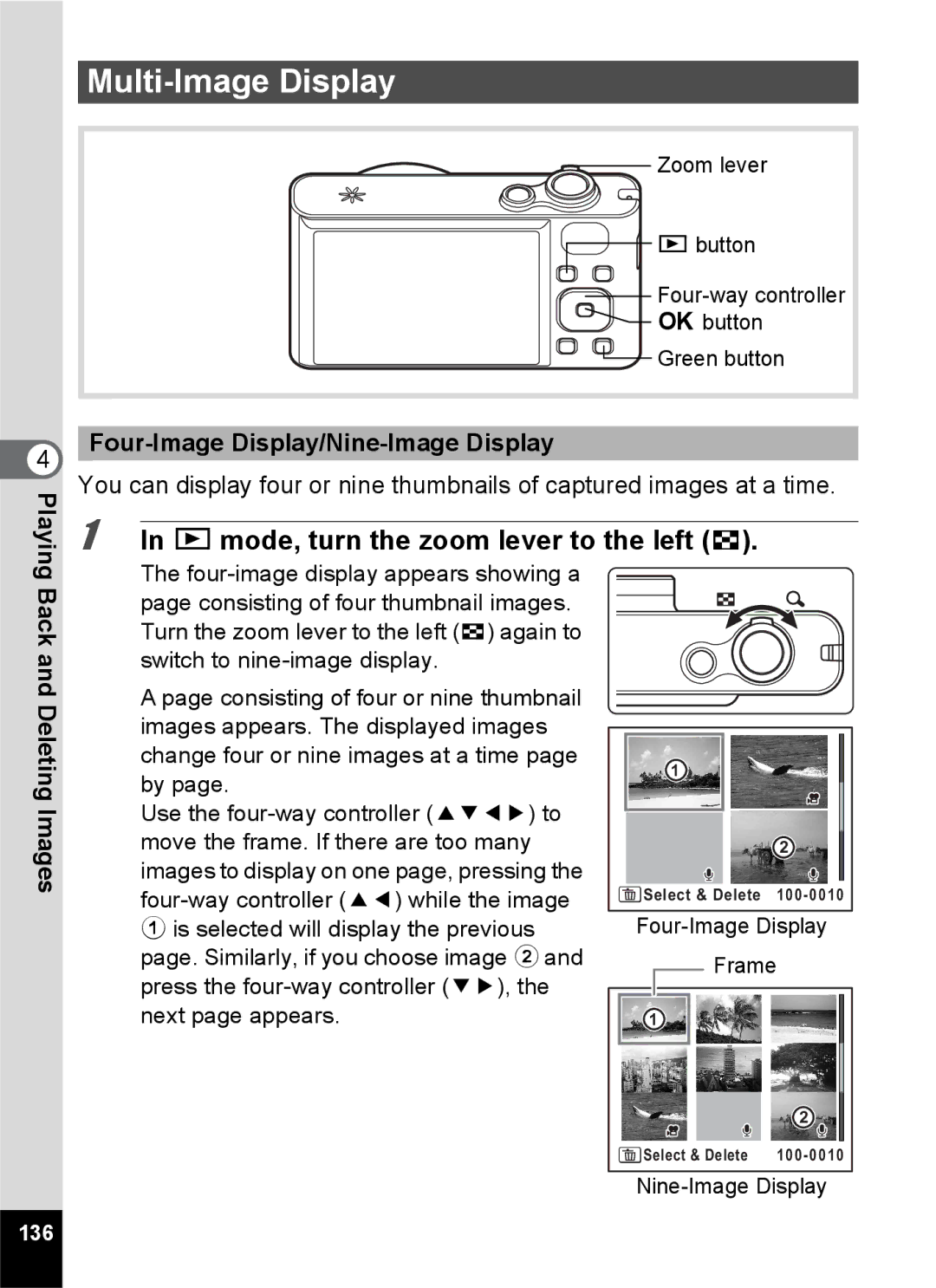 Pentax 14191 Multi-Image Display, Q mode, turn the zoom lever to the left f, Four-Image Display/Nine-Image Display, 136 